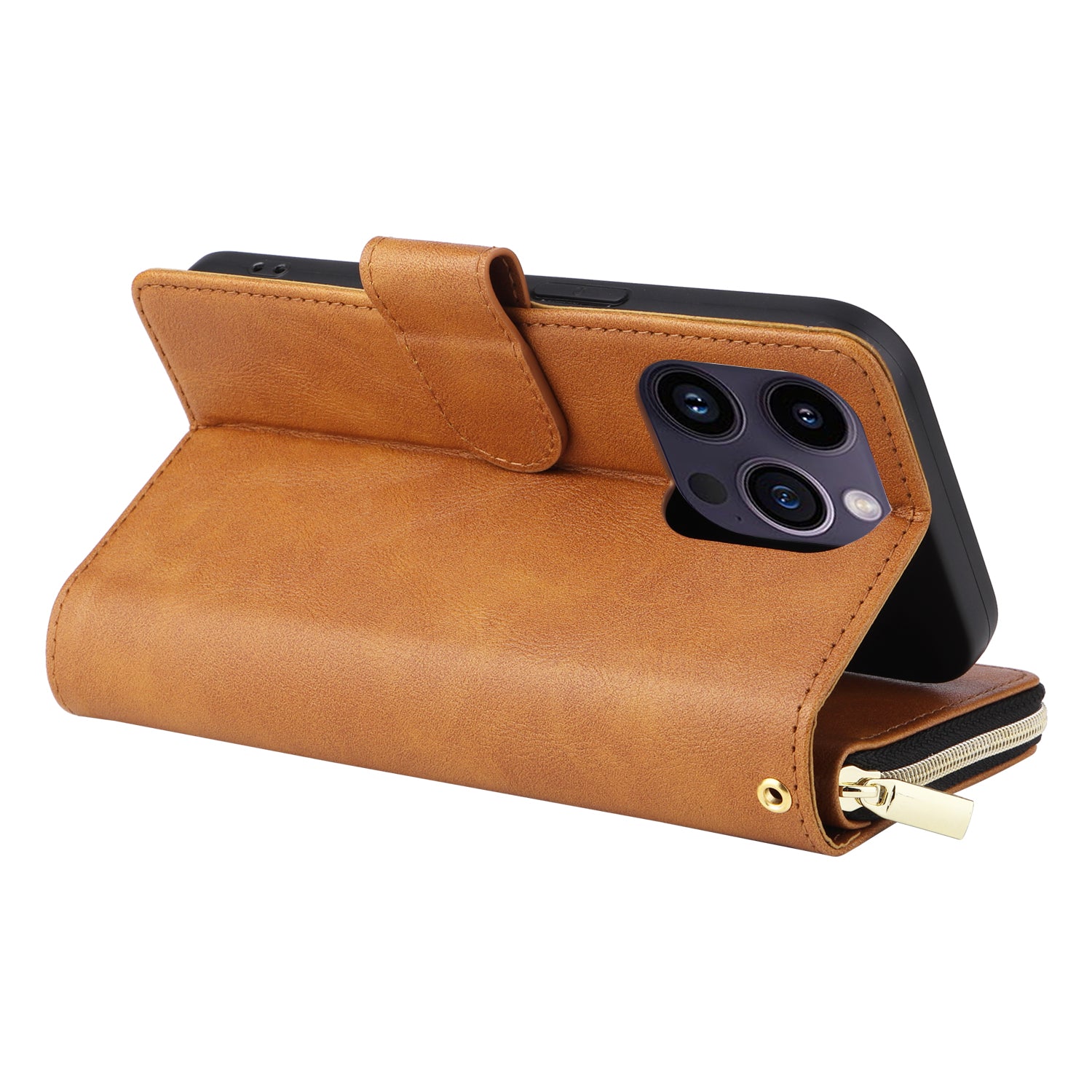 For iPhone 14 Pro Max Cover Zipper Pocket 9 Card Slots Phone Wallet Case with Wrist Strap