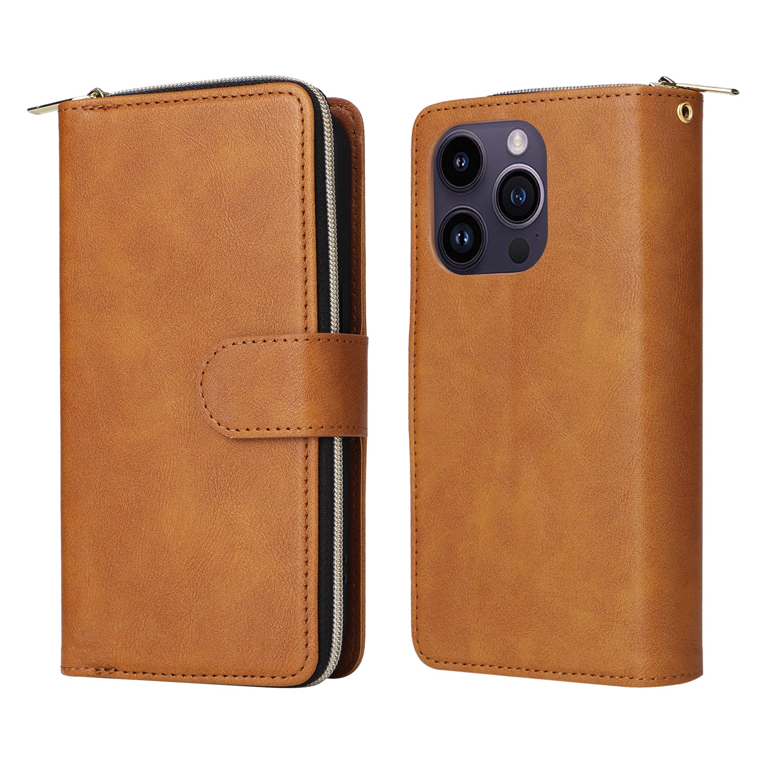 For iPhone 14 Pro Max Cover Zipper Pocket 9 Card Slots Phone Wallet Case with Wrist Strap