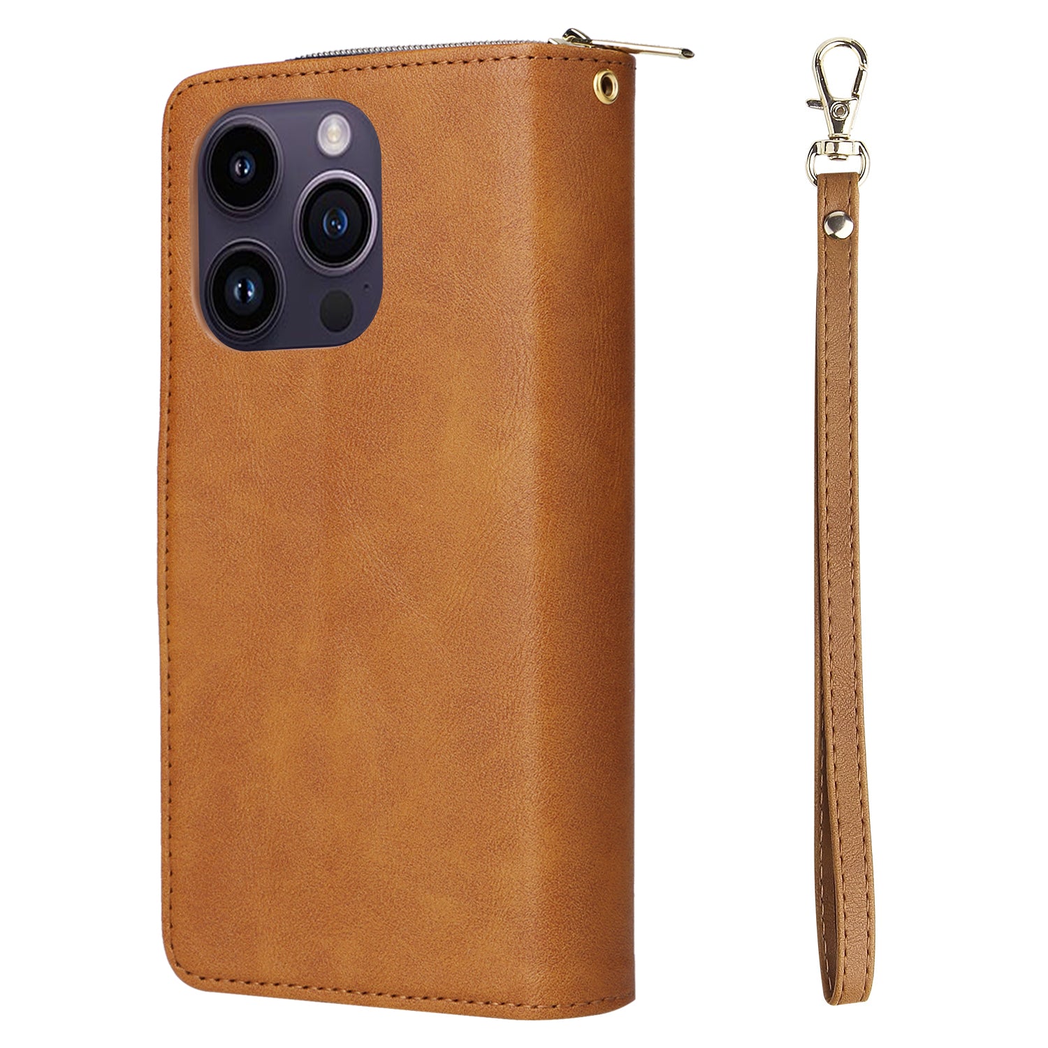 For iPhone 14 Pro Max Cover Zipper Pocket 9 Card Slots Phone Wallet Case with Wrist Strap