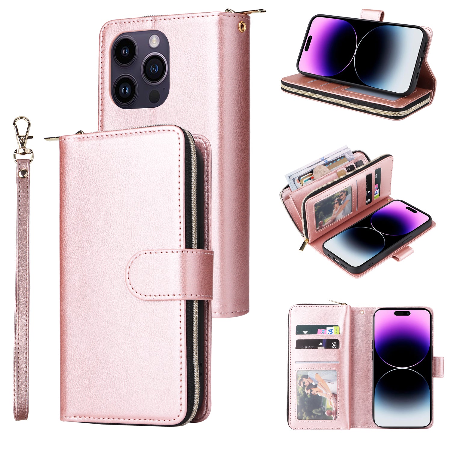 For iPhone 14 Pro Max Cover Zipper Pocket 9 Card Slots Phone Wallet Case with Wrist Strap