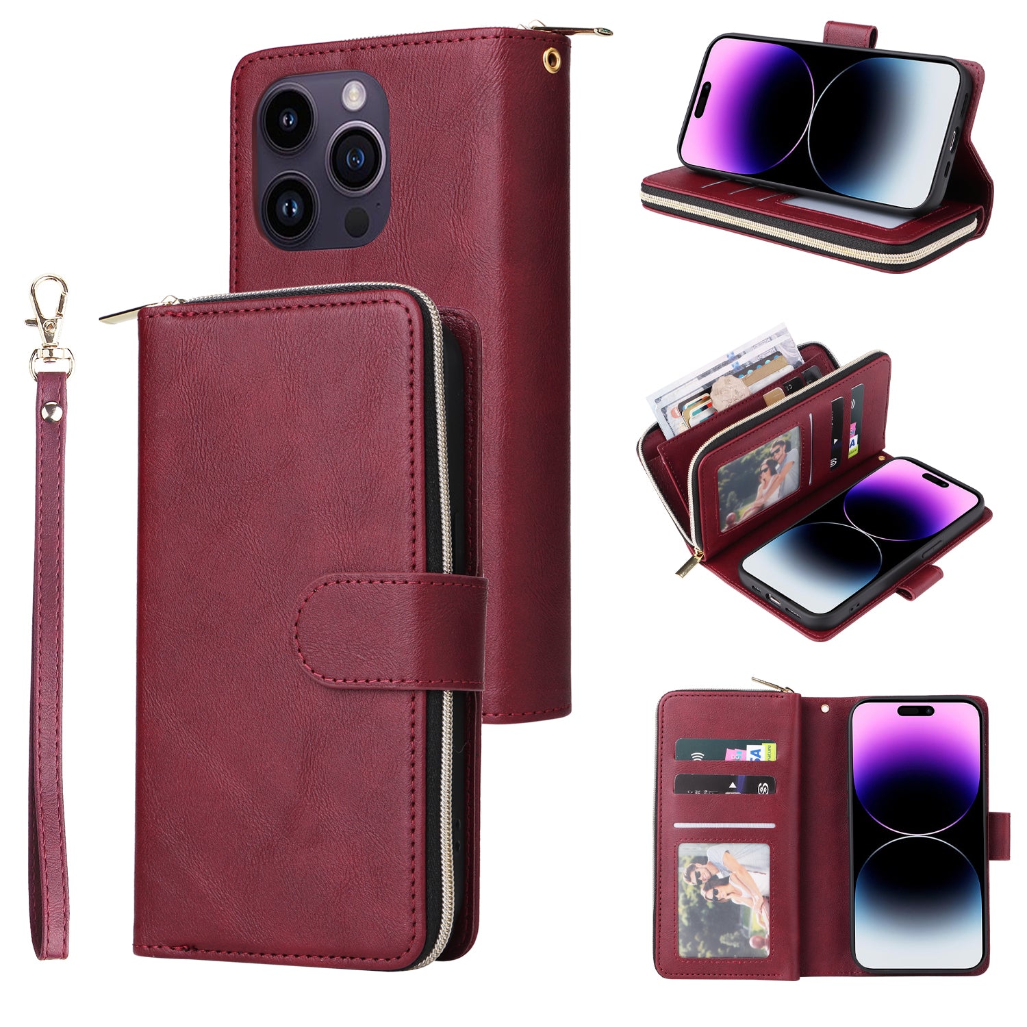 For iPhone 14 Pro Max Cover Zipper Pocket 9 Card Slots Phone Wallet Case with Wrist Strap