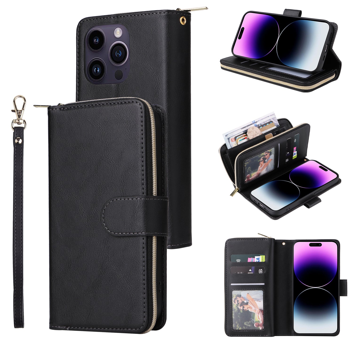 For iPhone 14 Pro Max Cover Zipper Pocket 9 Card Slots Phone Wallet Case with Wrist Strap