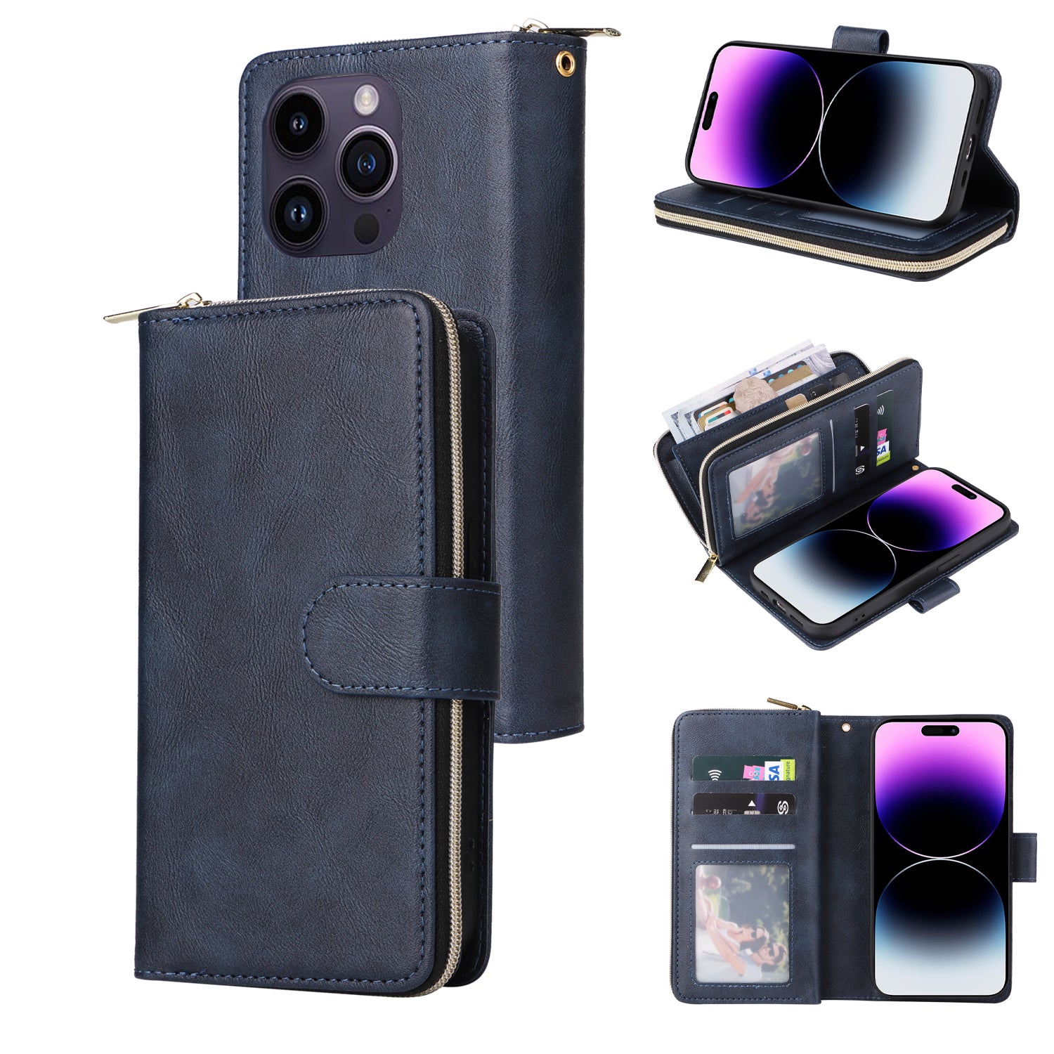 For iPhone 14 Pro Max Cover Zipper Pocket 9 Card Slots Phone Wallet Case with Wrist Strap