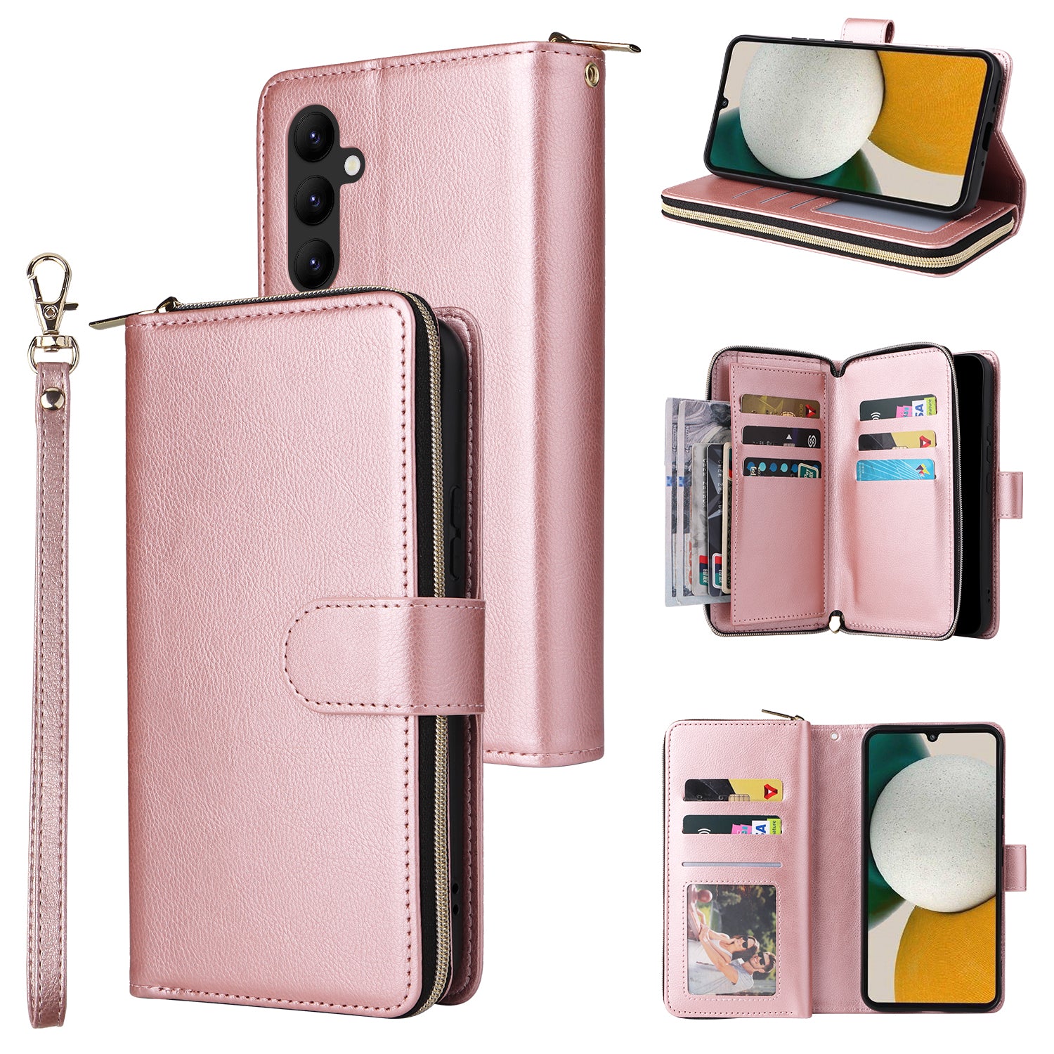For Samsung Galaxy A34 5G Case with Hand Strap 9 Card Slots PU Leather Phone Cover