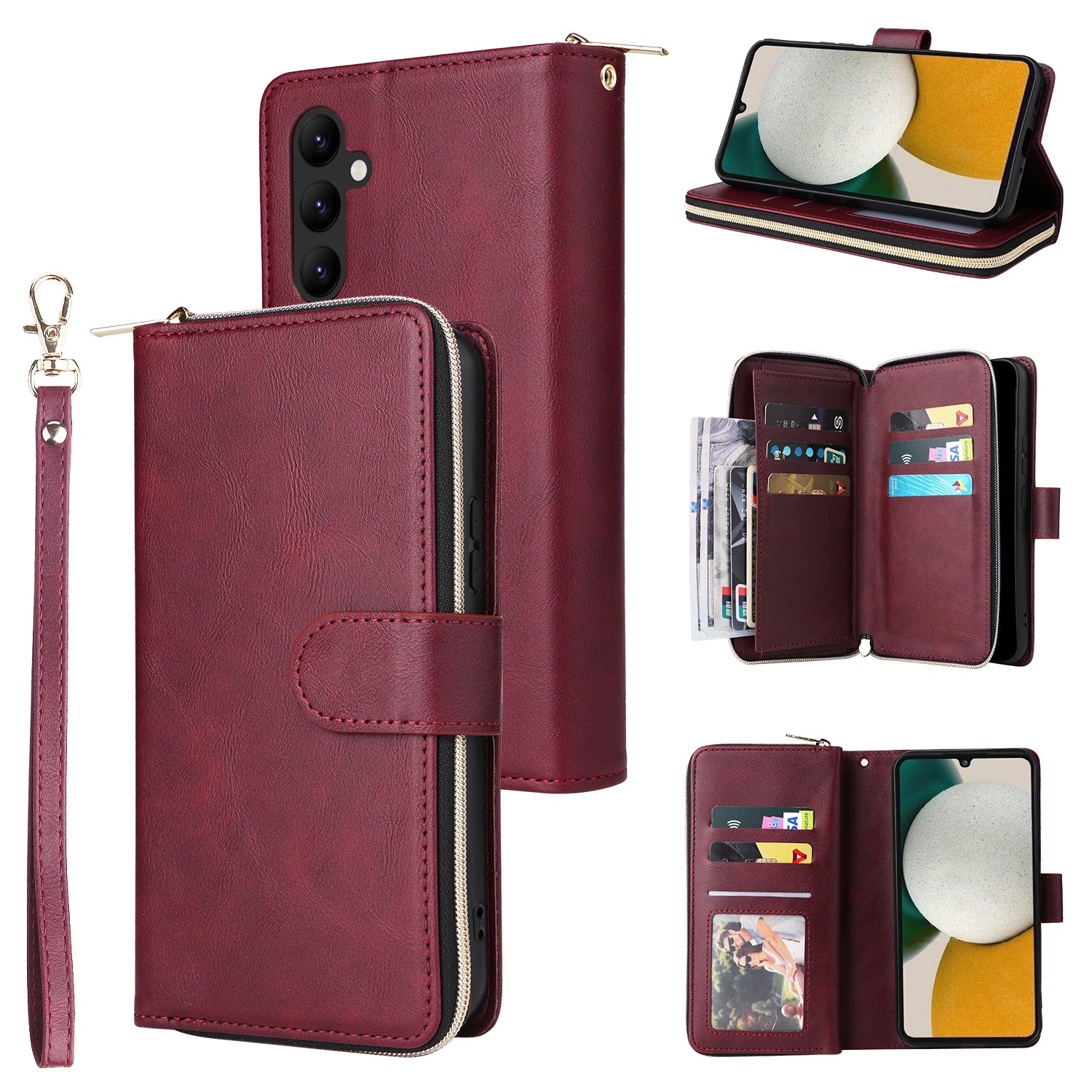 For Samsung Galaxy A34 5G Case with Hand Strap 9 Card Slots PU Leather Phone Cover