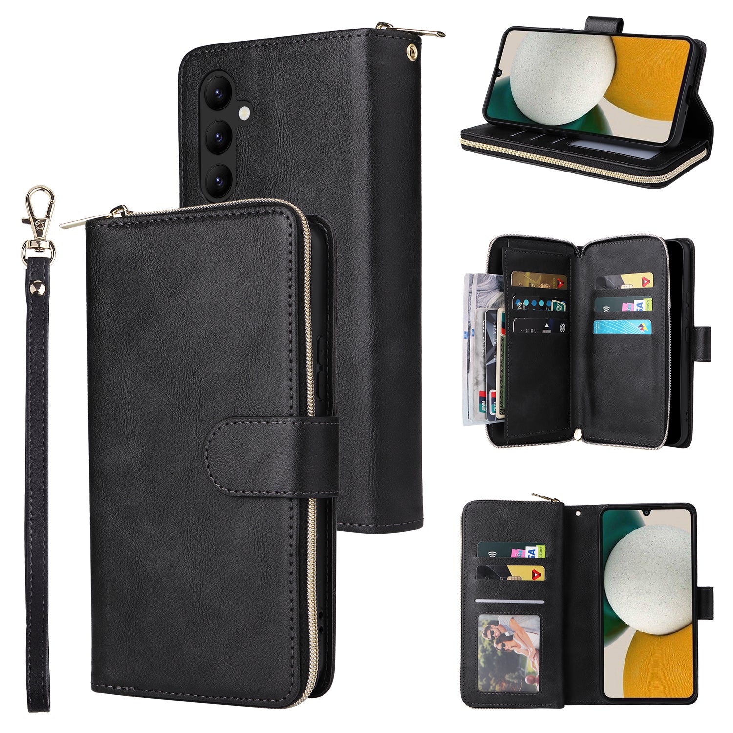 For Samsung Galaxy A34 5G Case with Hand Strap 9 Card Slots PU Leather Phone Cover