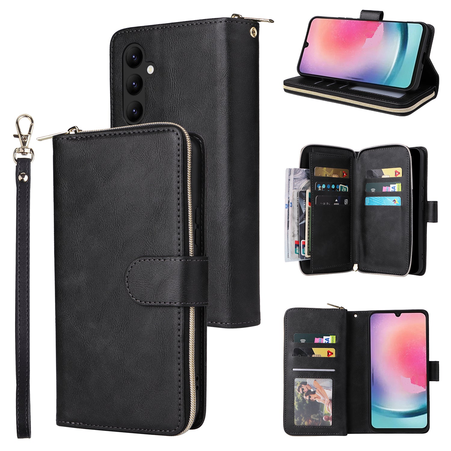 For Samsung Galaxy A24 4G (162.1 x 77.6 x 8.3mm) Leather Case Wallet Zippered Stand Phone Cover