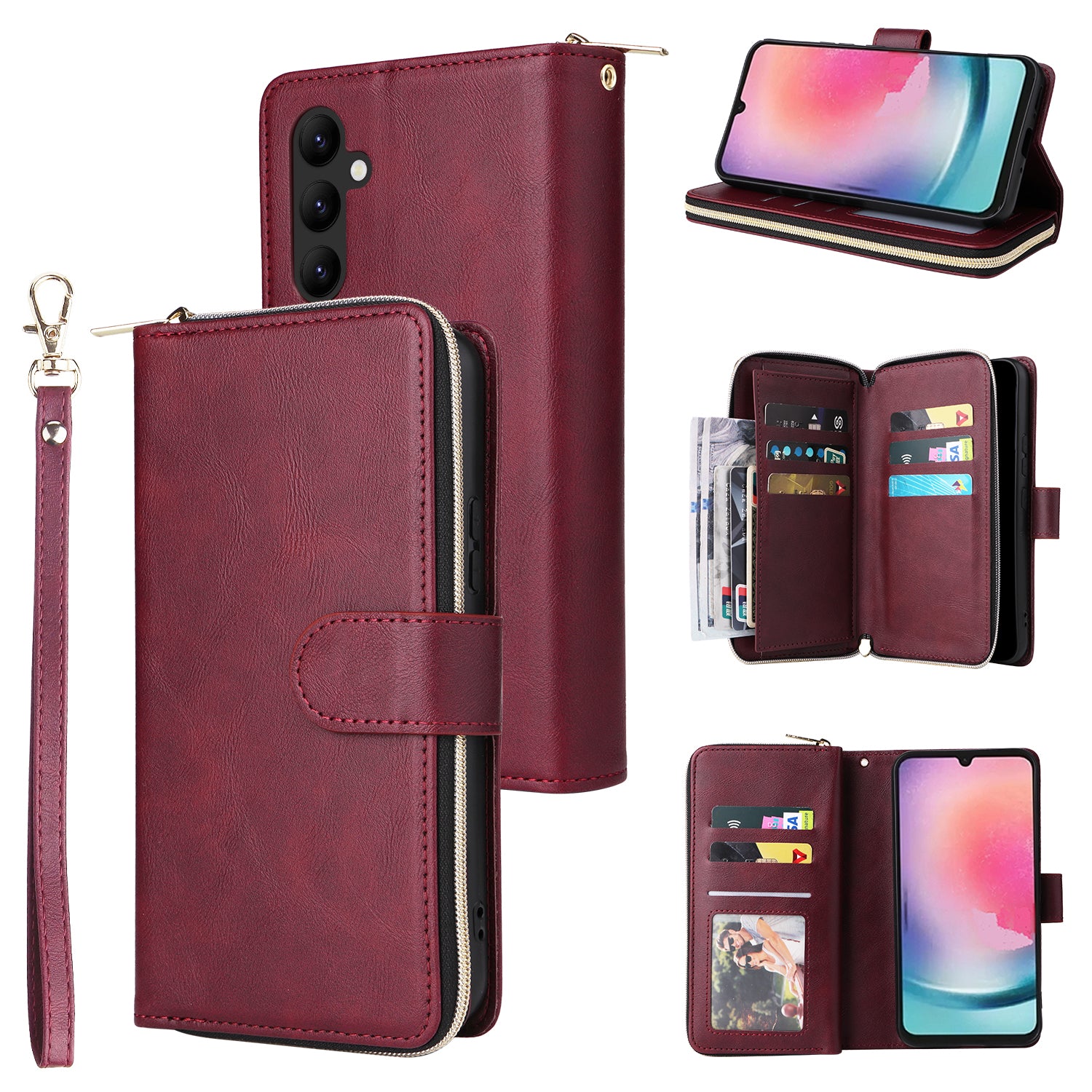 For Samsung Galaxy A24 4G (162.1 x 77.6 x 8.3mm) Leather Case Wallet Zippered Stand Phone Cover