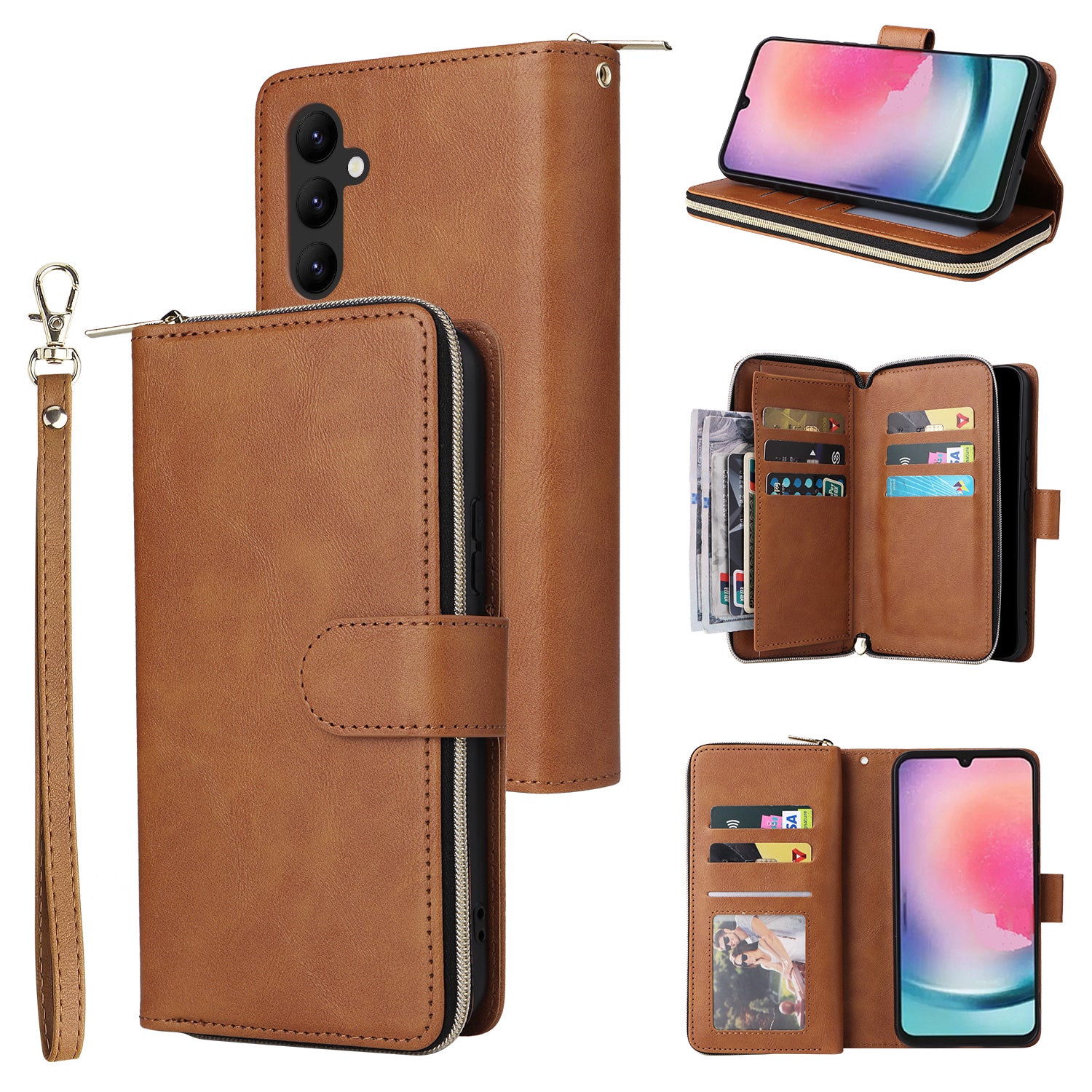 For Samsung Galaxy A24 4G (162.1 x 77.6 x 8.3mm) Leather Case Wallet Zippered Stand Phone Cover