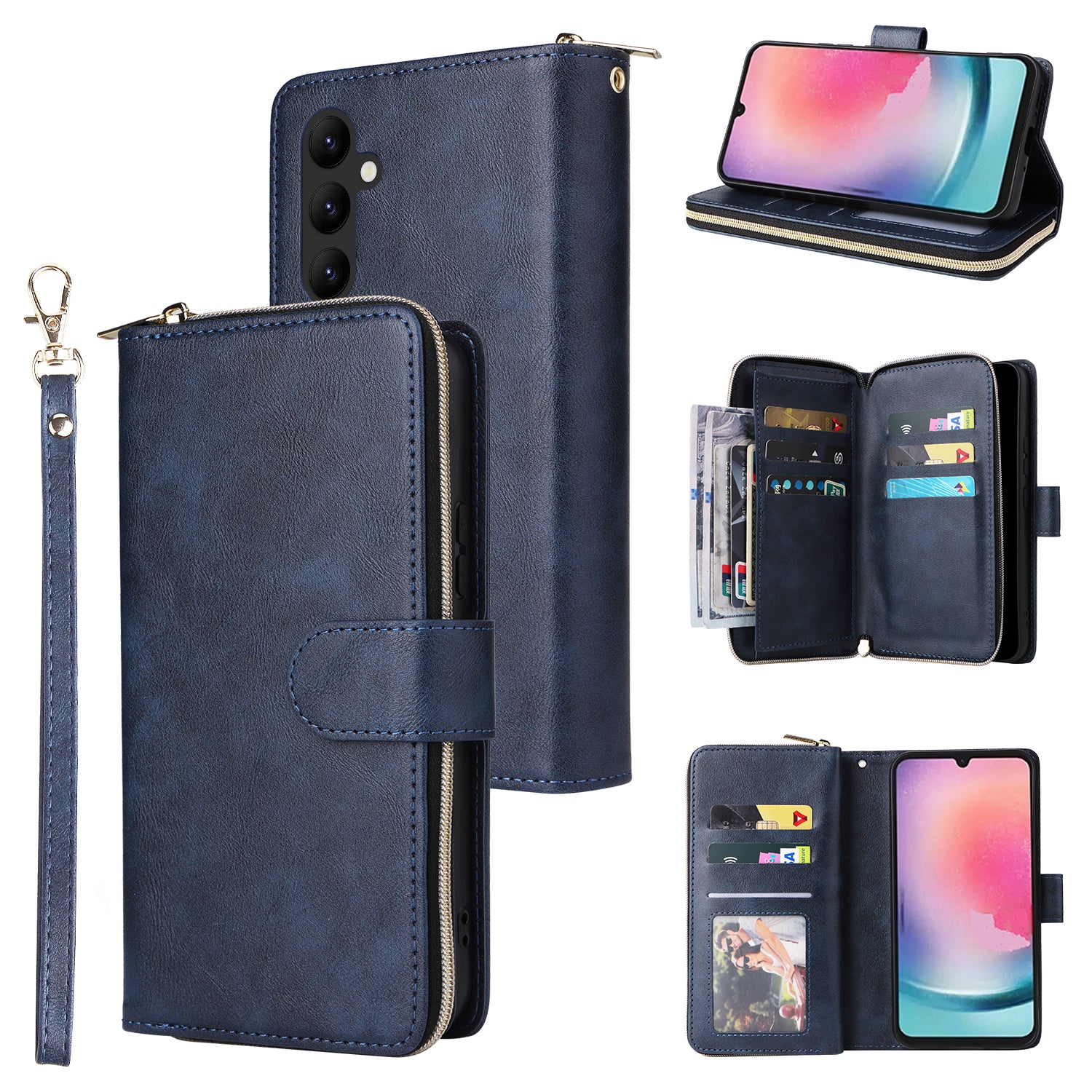 For Samsung Galaxy A24 4G (162.1 x 77.6 x 8.3mm) Leather Case Wallet Zippered Stand Phone Cover