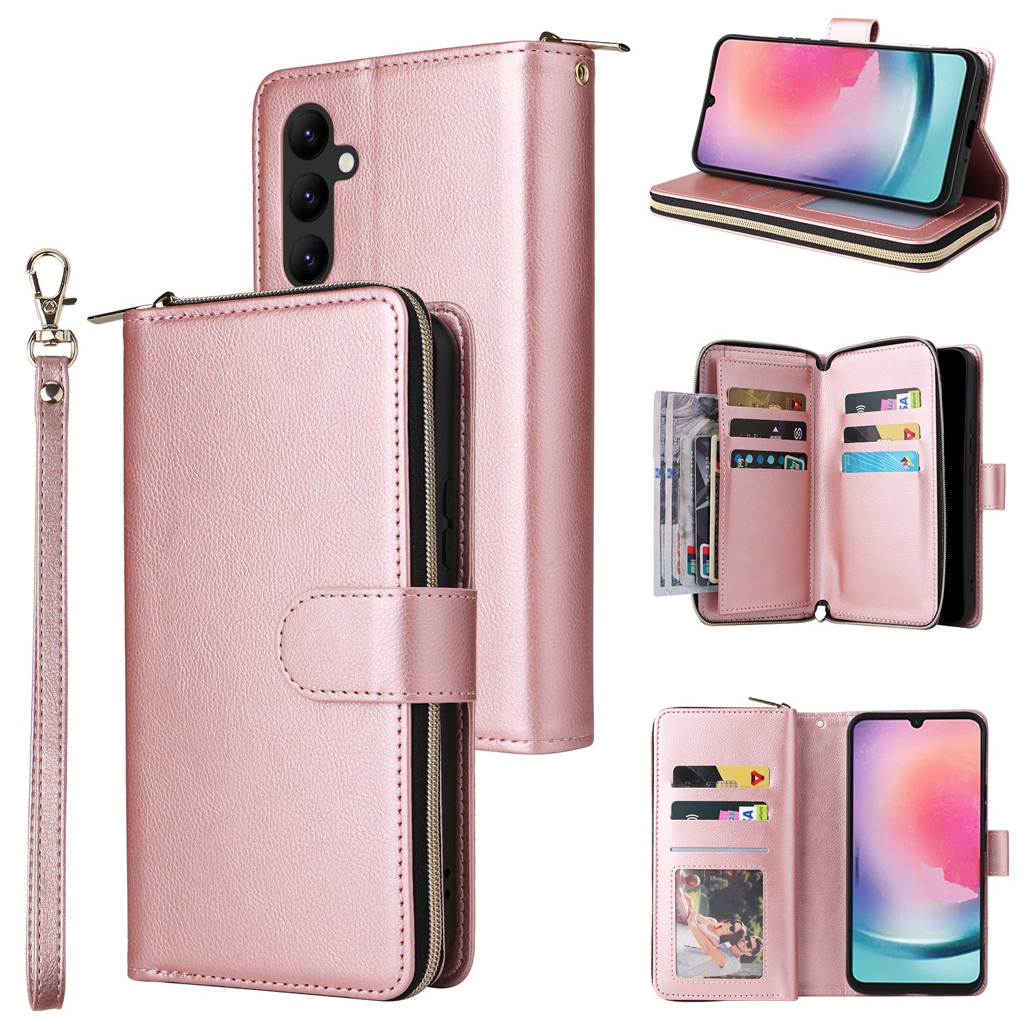 For Samsung Galaxy A24 4G (162.1 x 77.6 x 8.3mm) Leather Case Wallet Zippered Stand Phone Cover