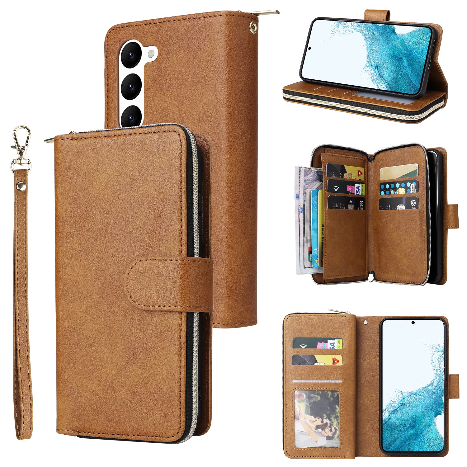 For Samsung Galaxy S23 Case 9 Card Slots PU Leather Mobile Phone Shell with Hand Strap