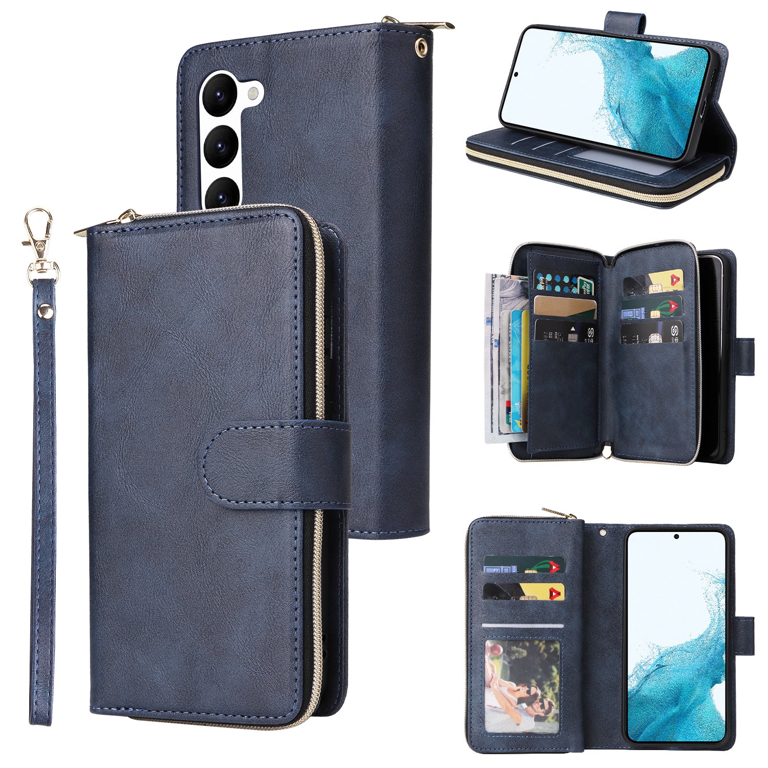 For Samsung Galaxy S23 Case 9 Card Slots PU Leather Mobile Phone Shell with Hand Strap