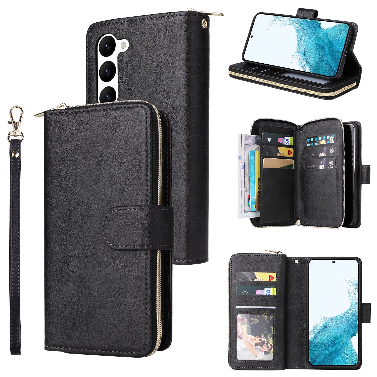 For Samsung Galaxy S23 Case 9 Card Slots PU Leather Mobile Phone Shell with Hand Strap