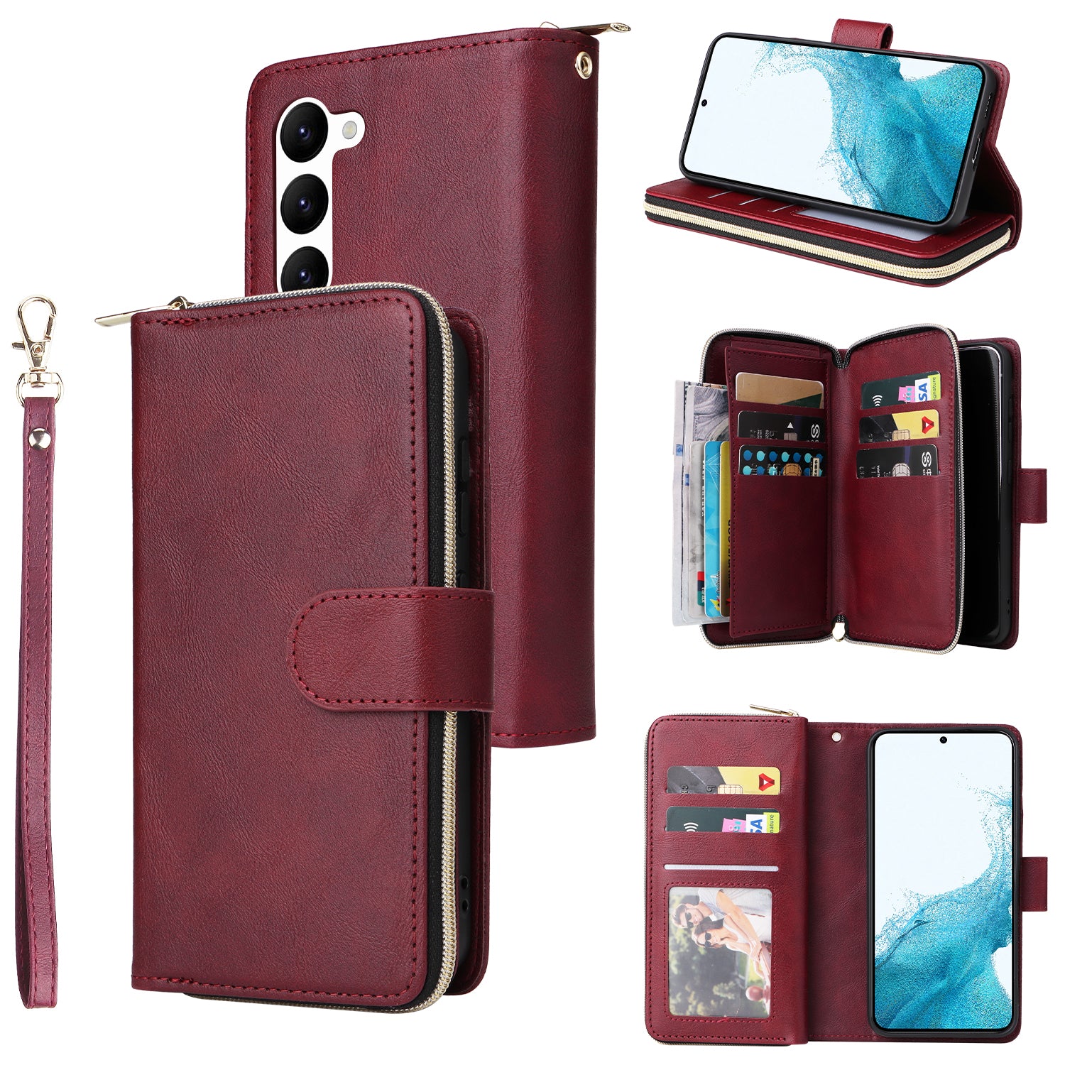 For Samsung Galaxy S23 Case 9 Card Slots PU Leather Mobile Phone Shell with Hand Strap