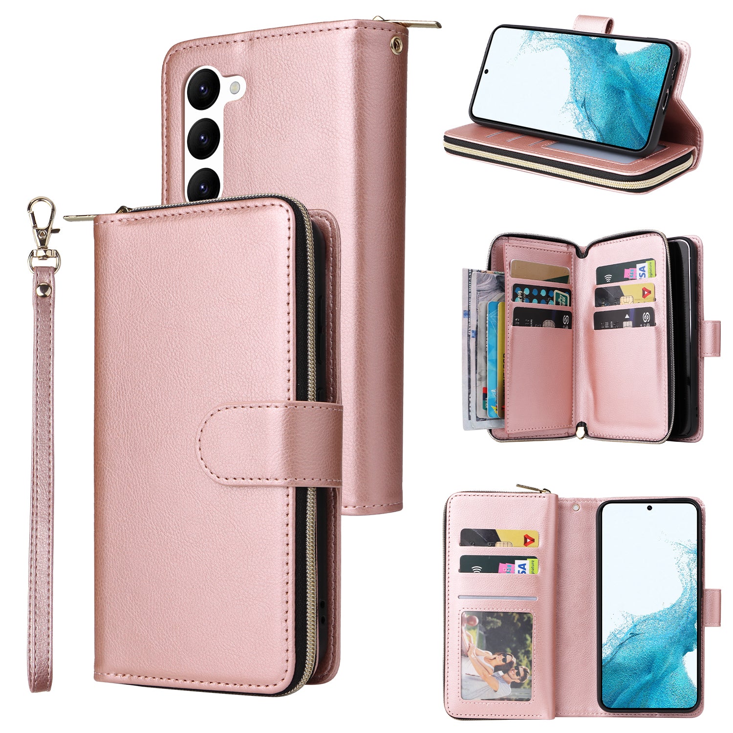 For Samsung Galaxy S23 Case 9 Card Slots PU Leather Mobile Phone Shell with Hand Strap
