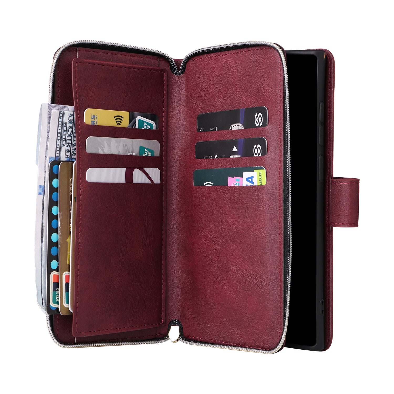 For Samsung Galaxy S23 Ultra Case PU Leather Zipper Pocket Phone Cover with 9 Card Slots