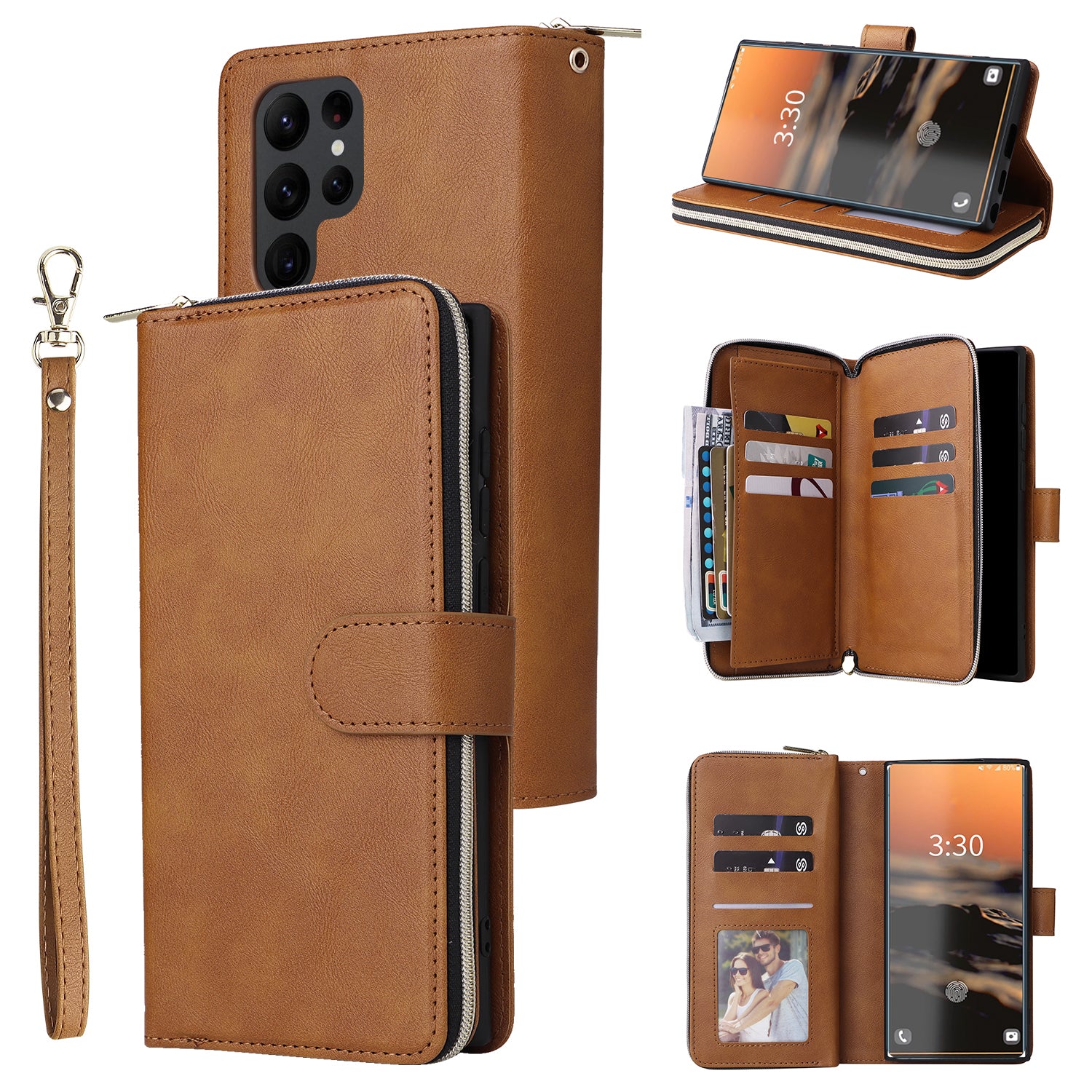 For Samsung Galaxy S23 Ultra Case PU Leather Zipper Pocket Phone Cover with 9 Card Slots