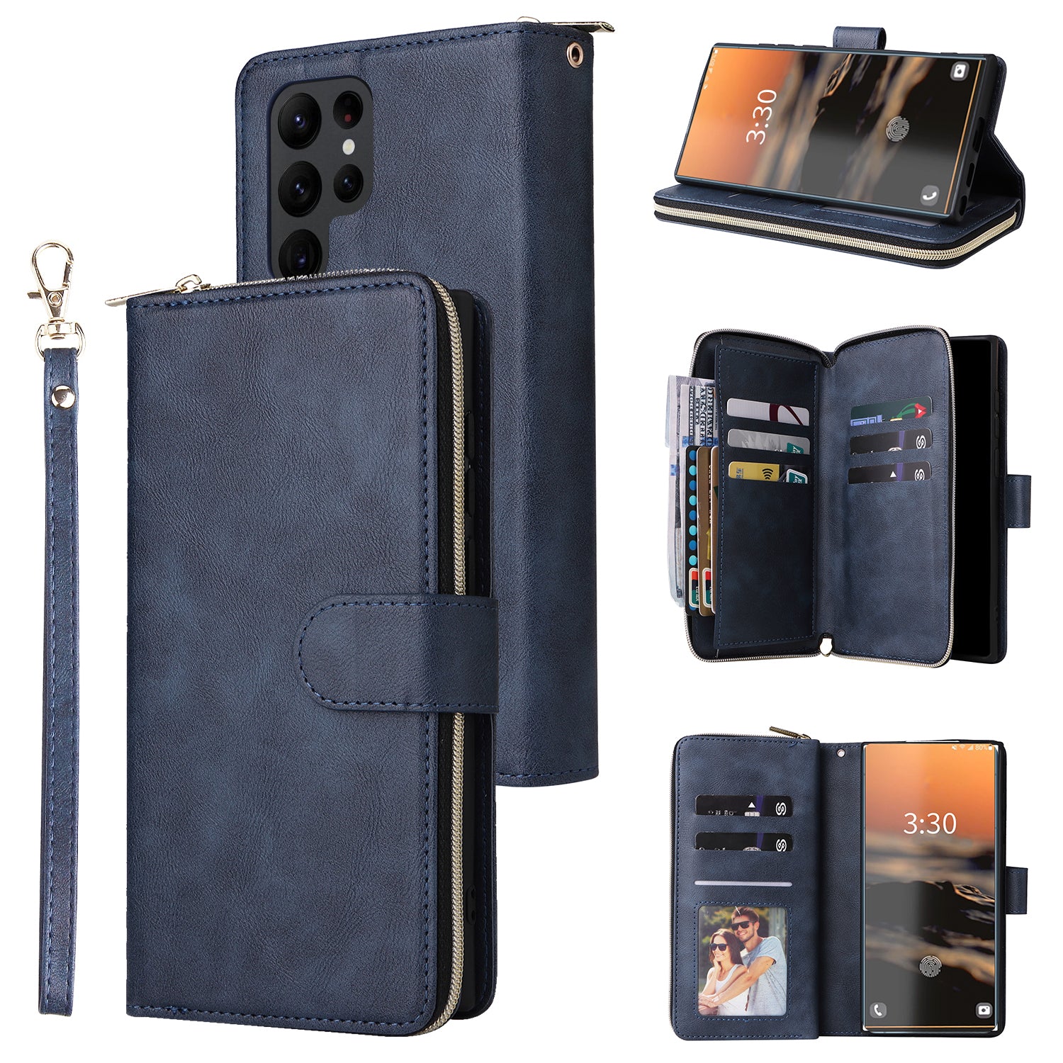 For Samsung Galaxy S23 Ultra Case PU Leather Zipper Pocket Phone Cover with 9 Card Slots