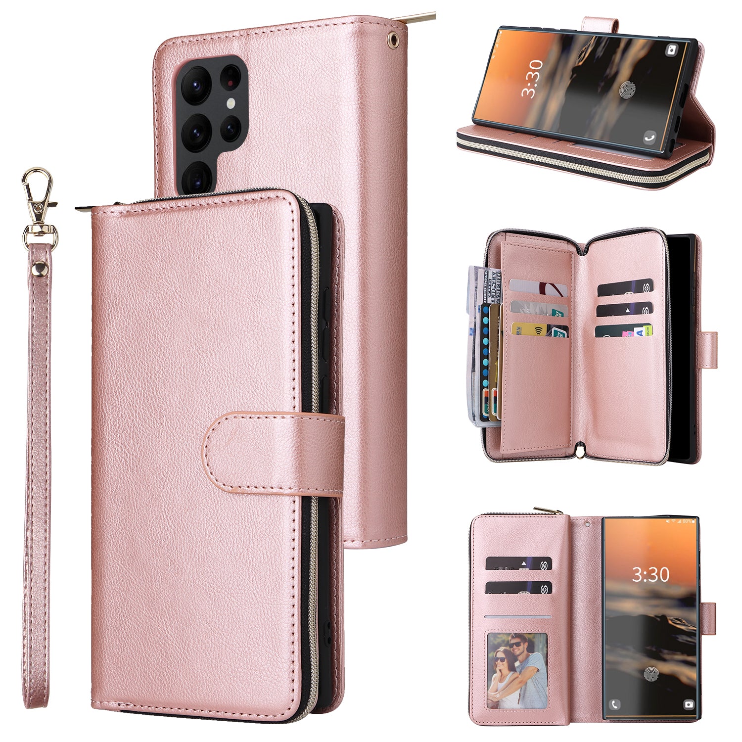 For Samsung Galaxy S23 Ultra Case PU Leather Zipper Pocket Phone Cover with 9 Card Slots