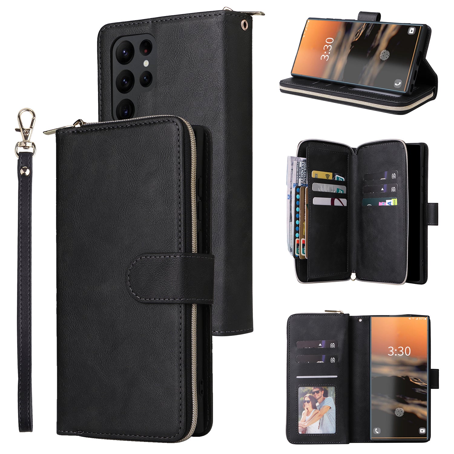 For Samsung Galaxy S23 Ultra Case PU Leather Zipper Pocket Phone Cover with 9 Card Slots