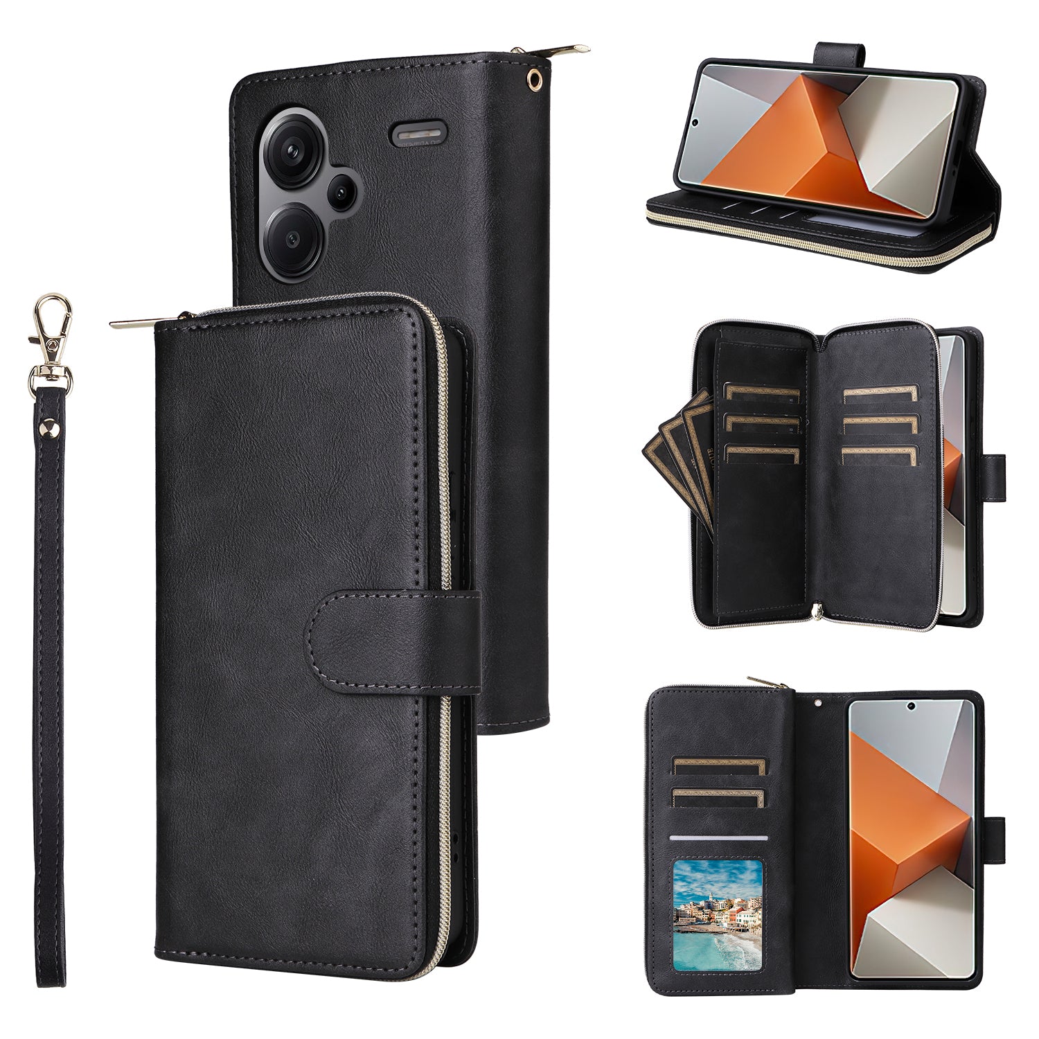 For Xiaomi Redmi Note 13 Pro+ 5G Leather Case Zipper Pocket Phone Cover with 9 Card Slots