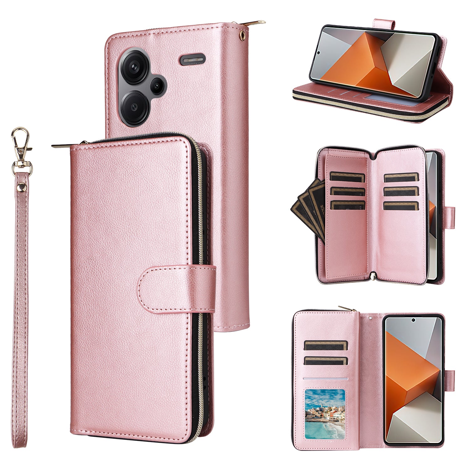 For Xiaomi Redmi Note 13 Pro+ 5G Leather Case Zipper Pocket Phone Cover with 9 Card Slots