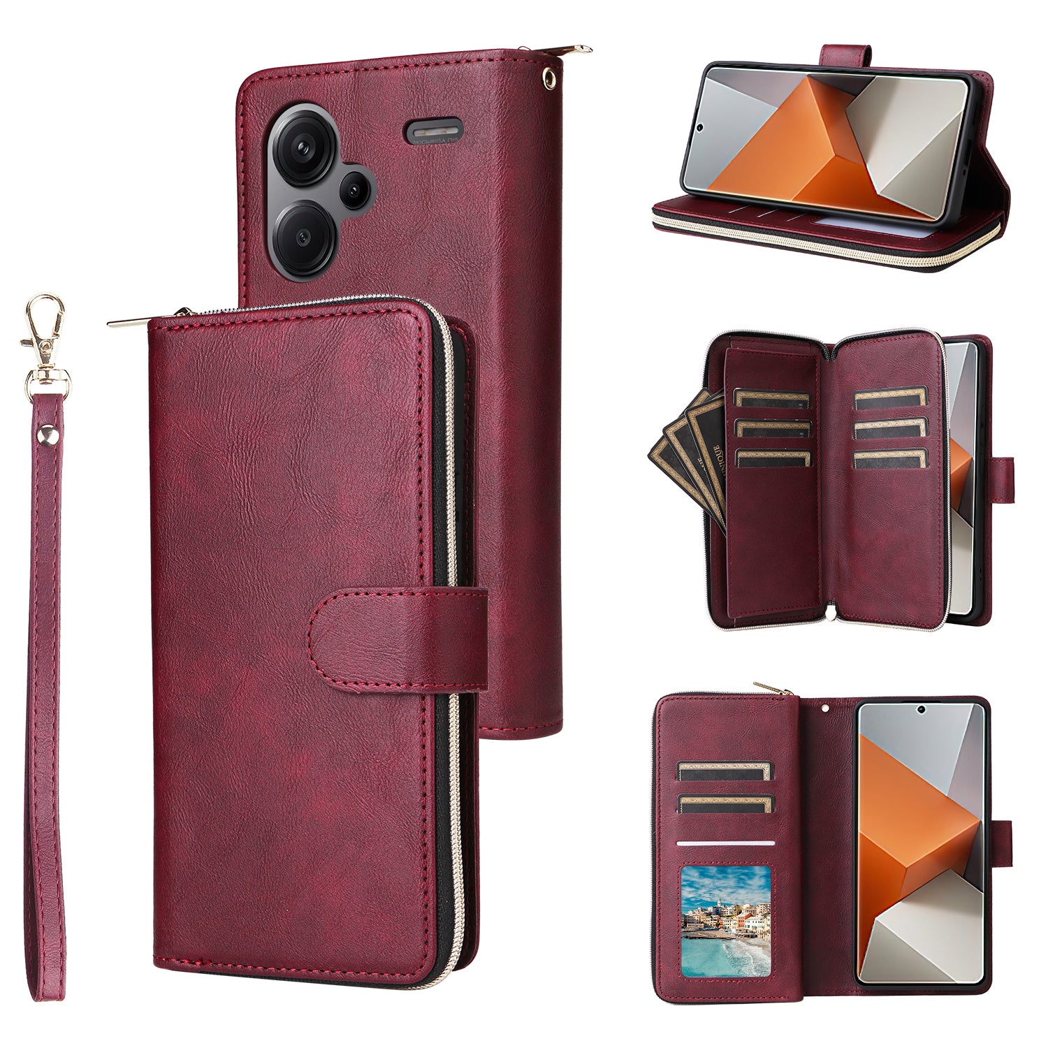 For Xiaomi Redmi Note 13 Pro+ 5G Leather Case Zipper Pocket Phone Cover with 9 Card Slots