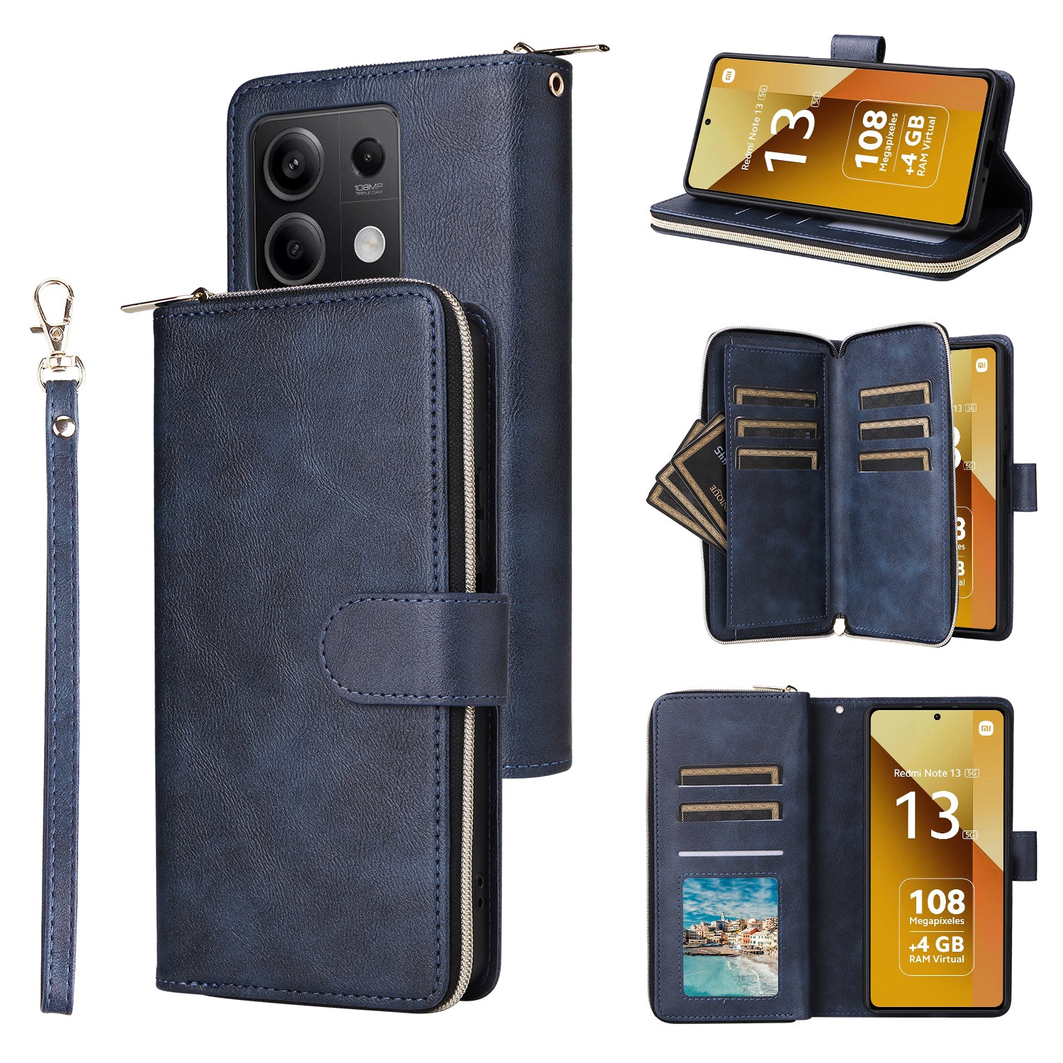For Xiaomi Redmi Note 13 5G Case with Strap Zipper Wallet PU Leather Phone Cover