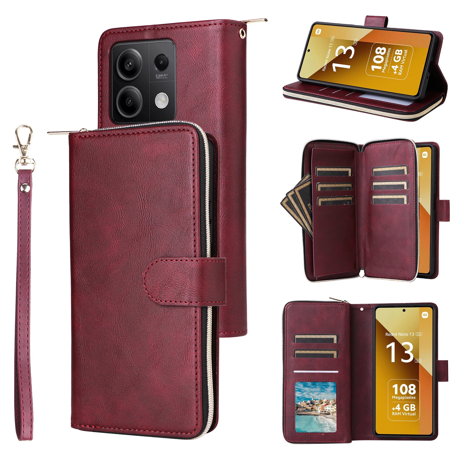 For Xiaomi Redmi Note 13 5G Case with Strap Zipper Wallet PU Leather Phone Cover