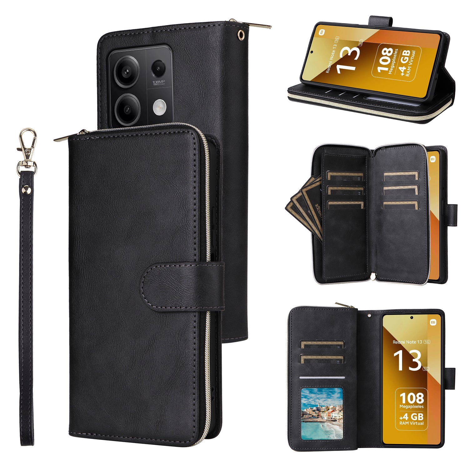 For Xiaomi Redmi Note 13 5G Case with Strap Zipper Wallet PU Leather Phone Cover