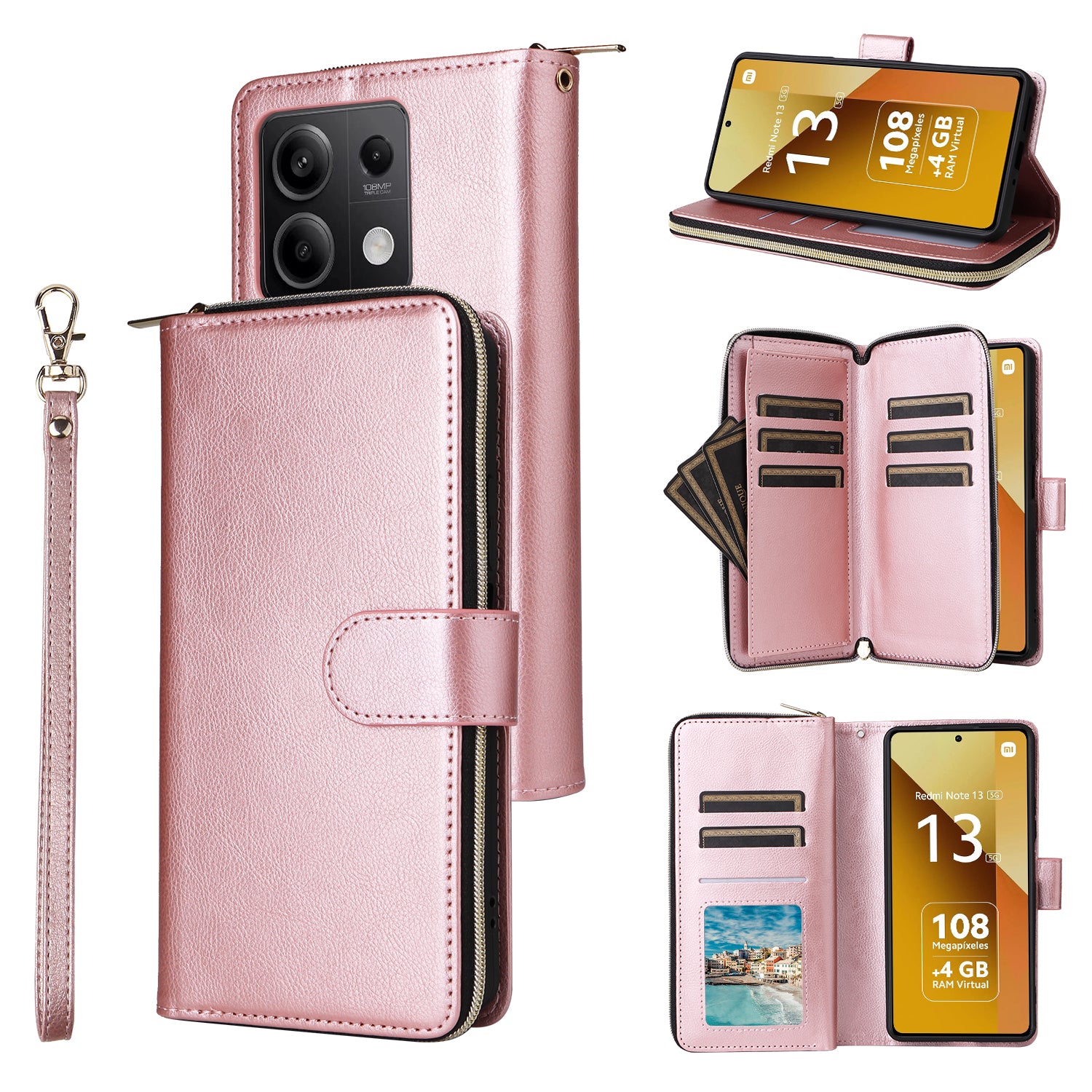 For Xiaomi Redmi Note 13 5G Case with Strap Zipper Wallet PU Leather Phone Cover