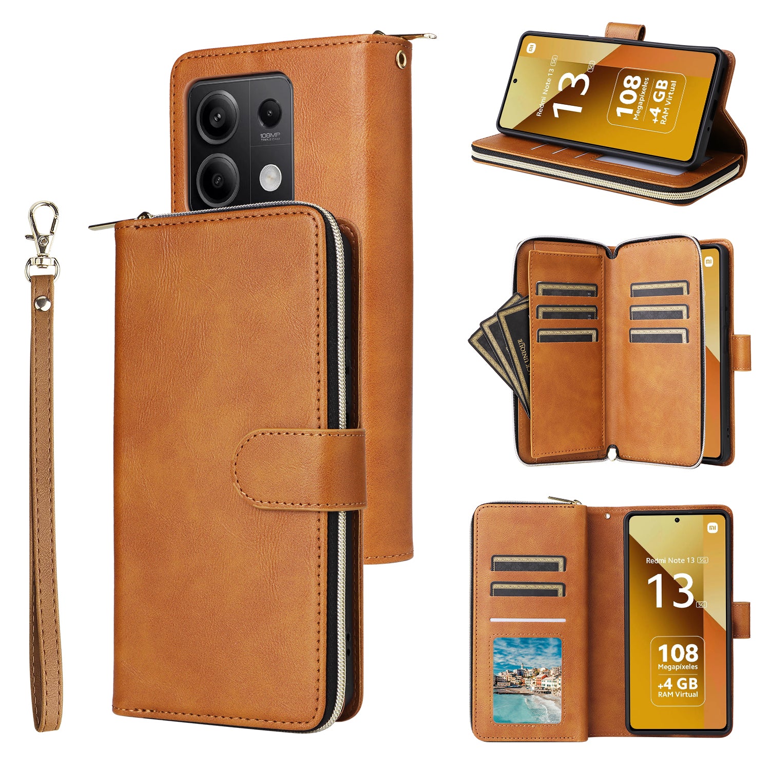 For Xiaomi Redmi Note 13 5G Case with Strap Zipper Wallet PU Leather Phone Cover