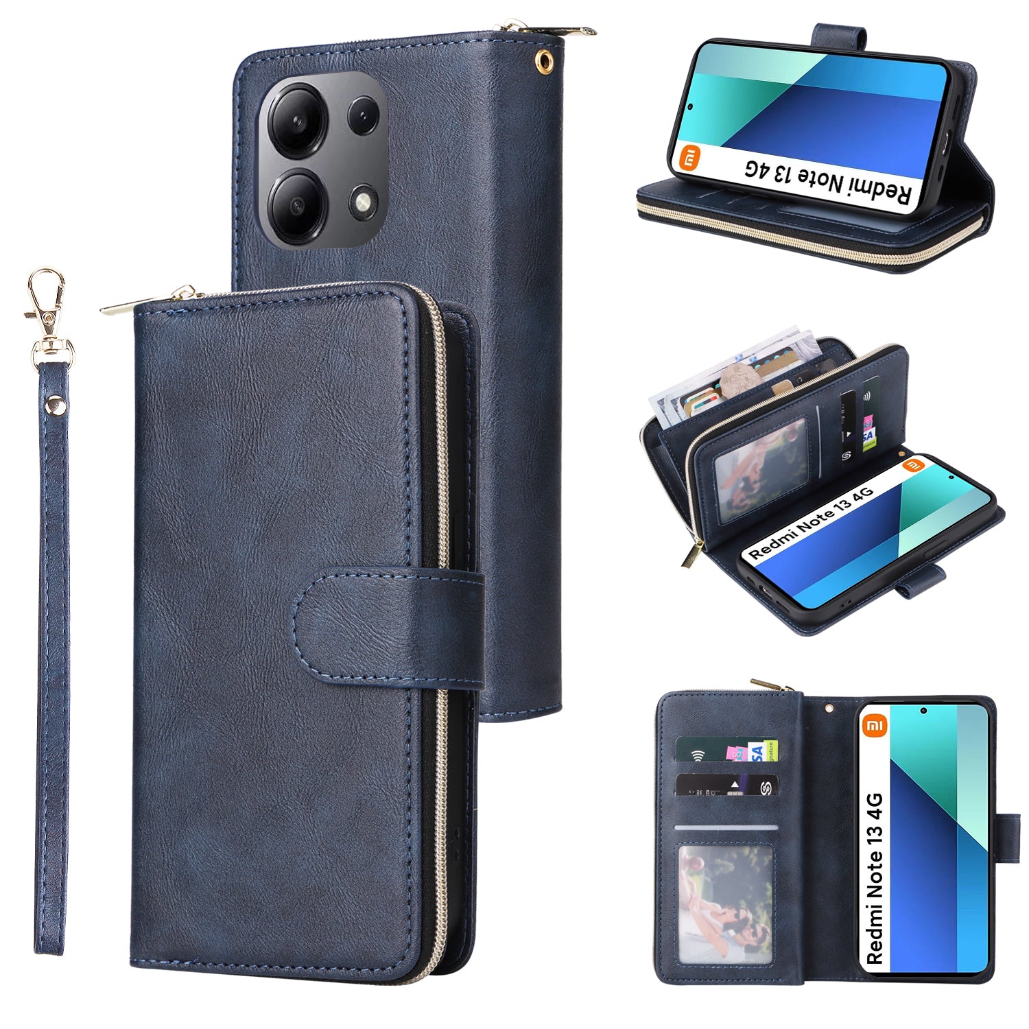 For Xiaomi Redmi Note 13 4G Case Zipper Leather Phone Cover with Stand Card Slots