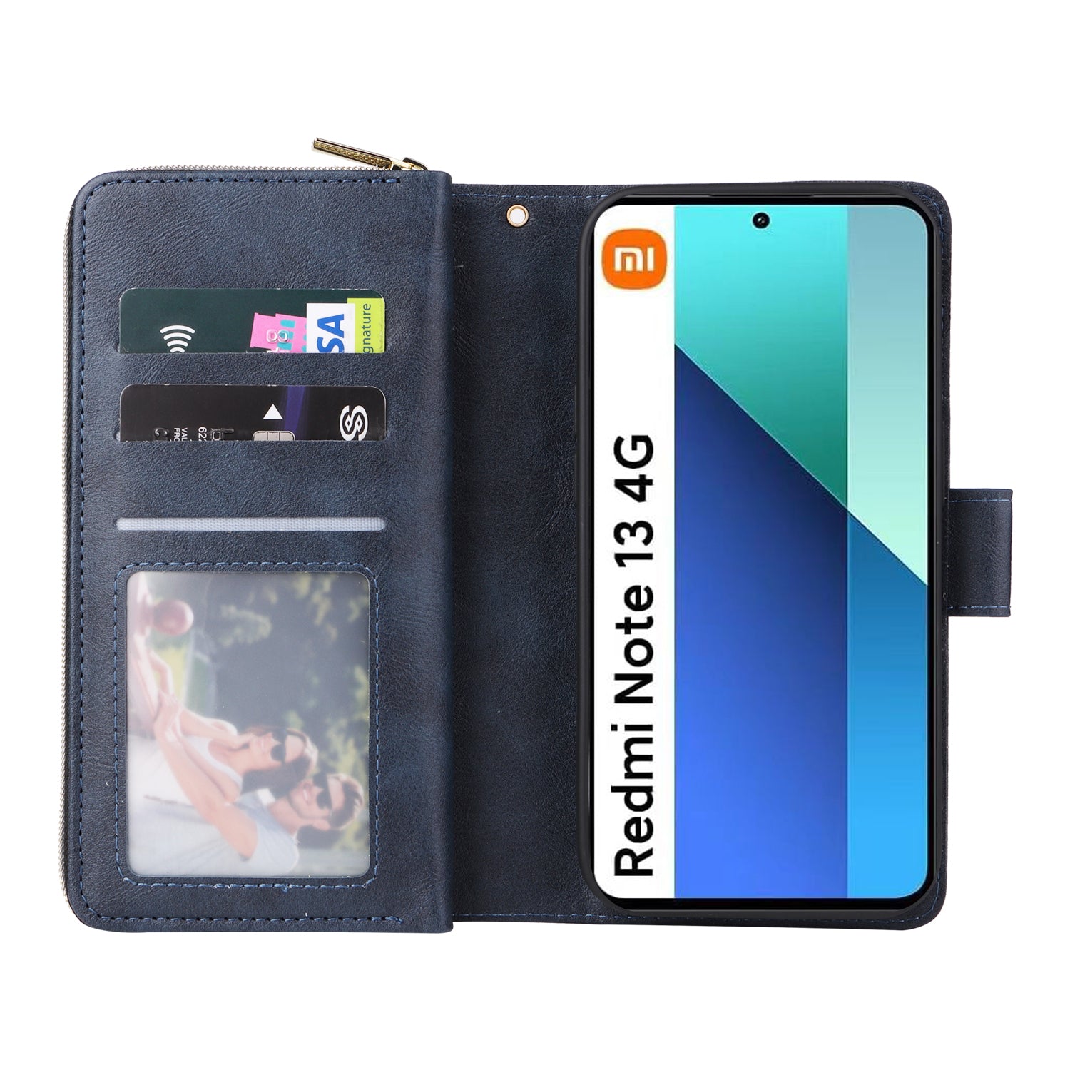 For Xiaomi Redmi Note 13 4G Case Zipper Leather Phone Cover with Stand Card Slots