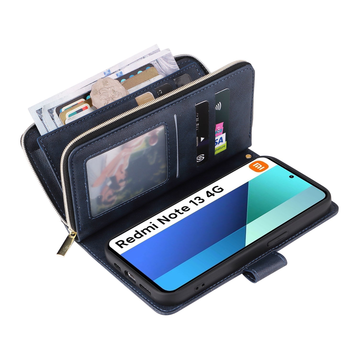 For Xiaomi Redmi Note 13 4G Case Zipper Leather Phone Cover with Stand Card Slots