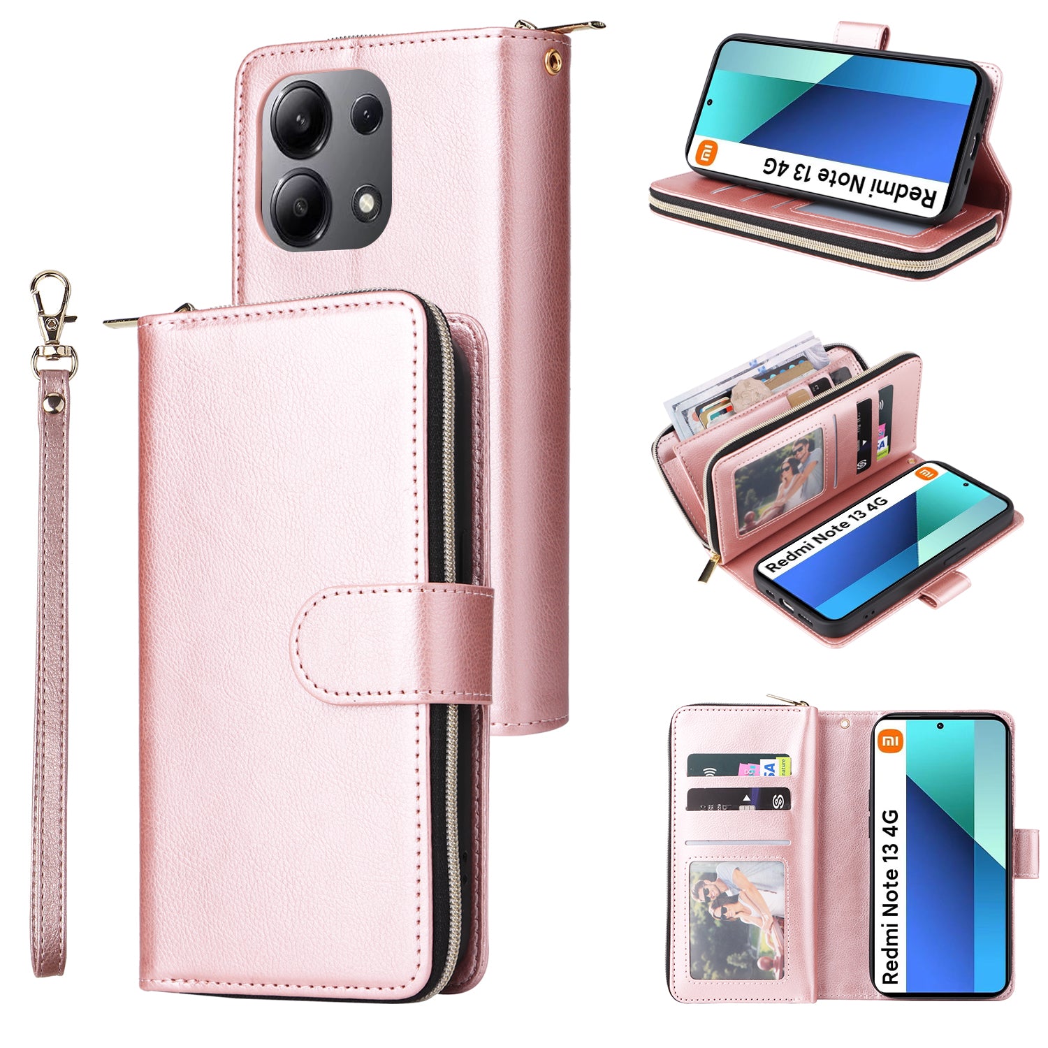For Xiaomi Redmi Note 13 4G Case Zipper Leather Phone Cover with Stand Card Slots