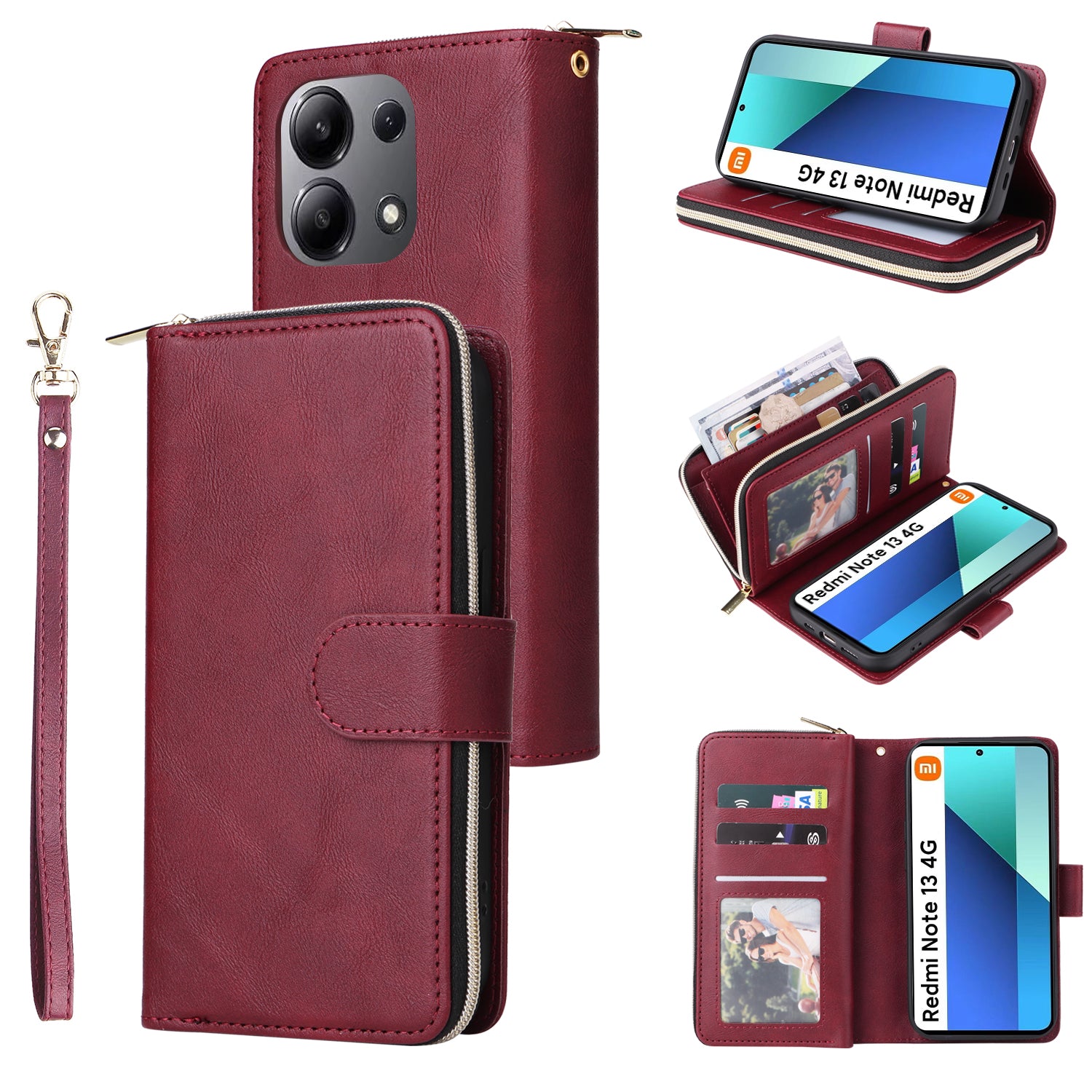 For Xiaomi Redmi Note 13 4G Case Zipper Leather Phone Cover with Stand Card Slots
