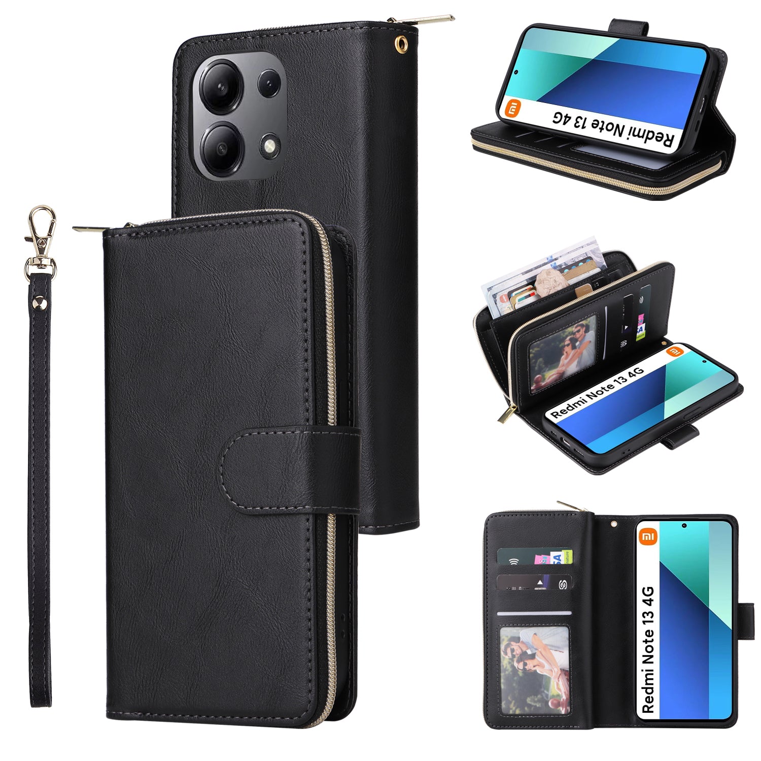 For Xiaomi Redmi Note 13 4G Case Zipper Leather Phone Cover with Stand Card Slots