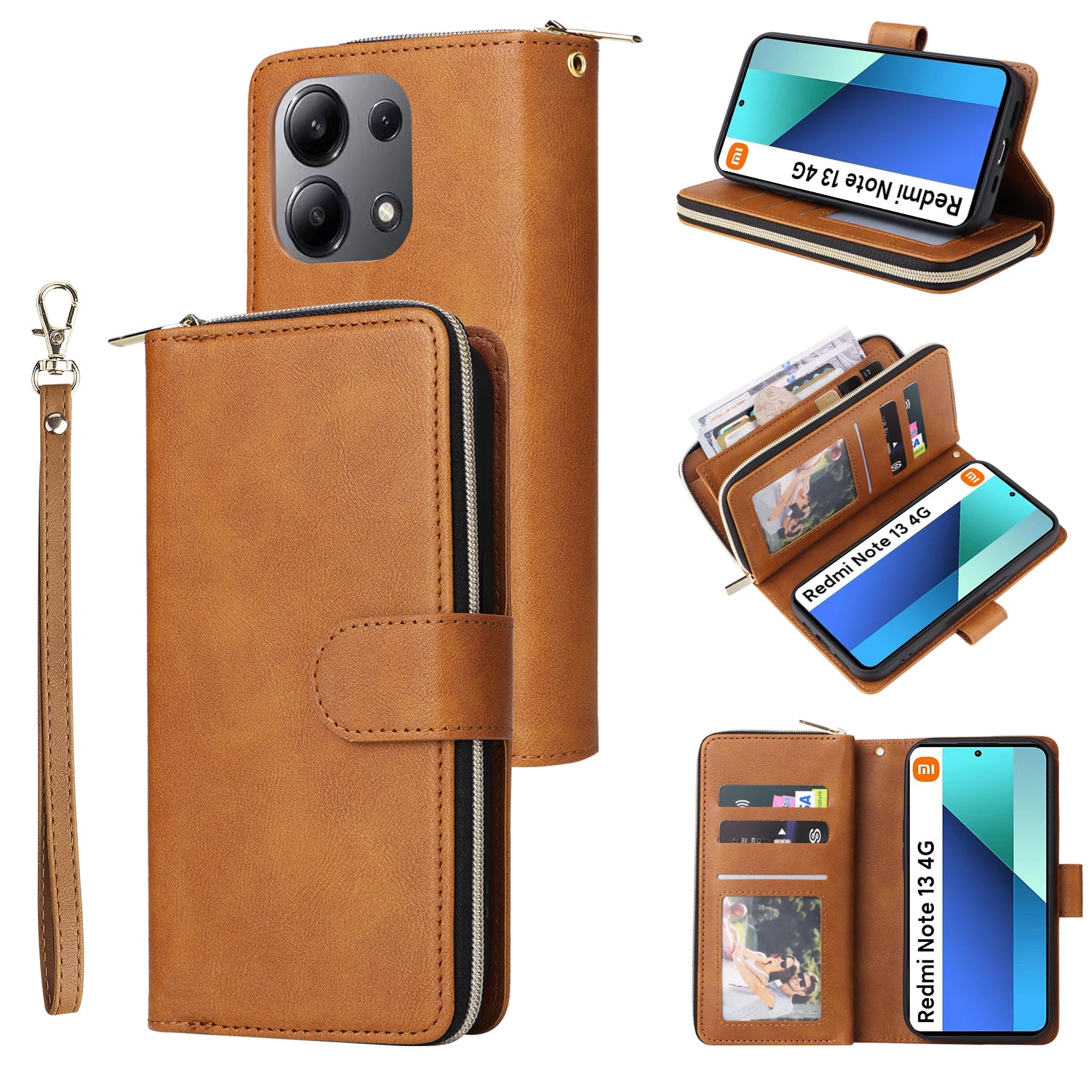 For Xiaomi Redmi Note 13 4G Case Zipper Leather Phone Cover with Stand Card Slots