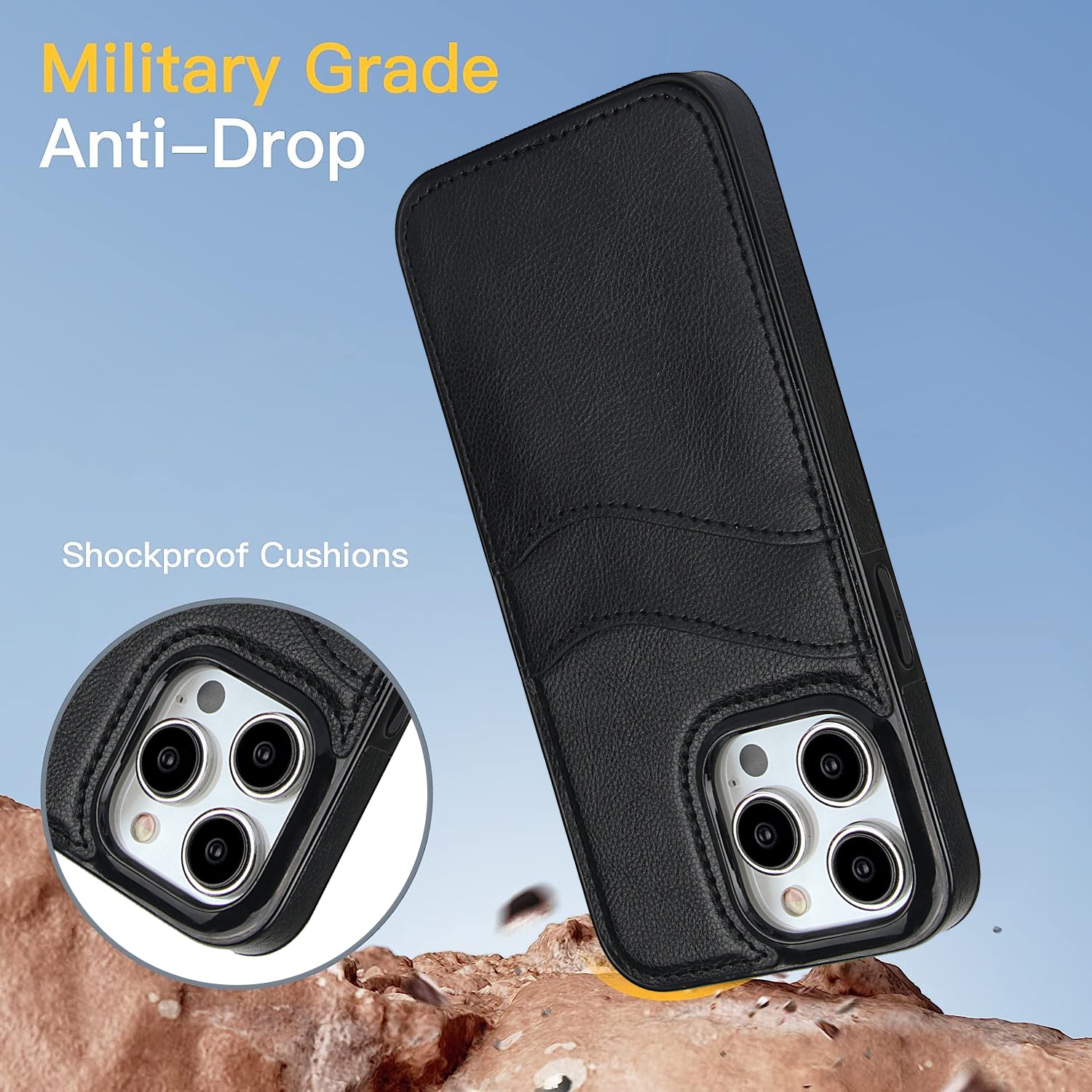For iPhone 14 Pro Max Case Card Slot Anti-Drop PU+TPU Phone Protector