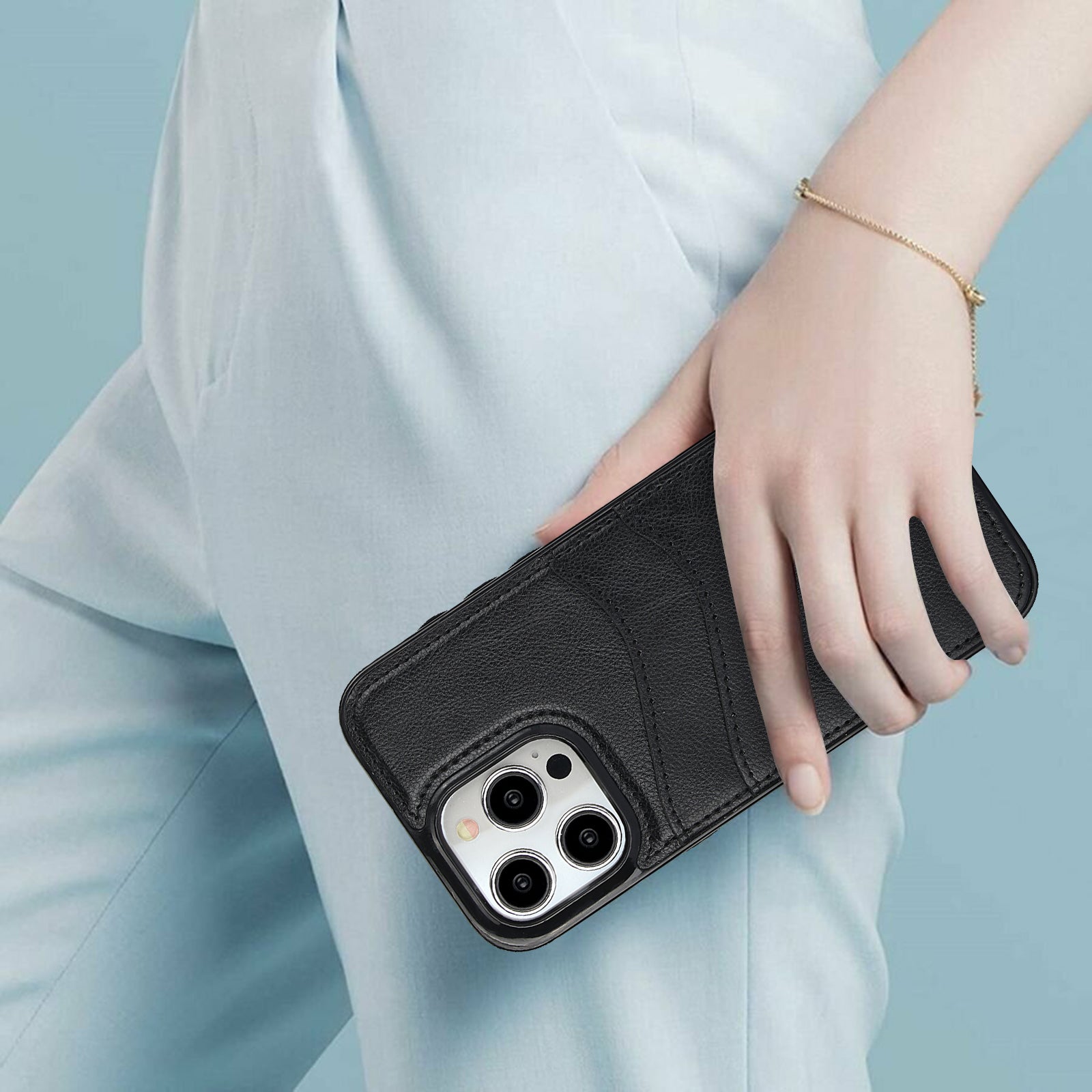 For iPhone 14 Pro Max Case Card Slot Anti-Drop PU+TPU Phone Protector
