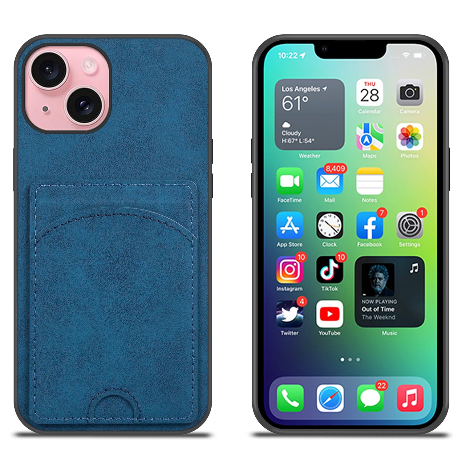 For iPhone 15 Kickstand Case PU+PC+TPU Phone Cover with Card Holder