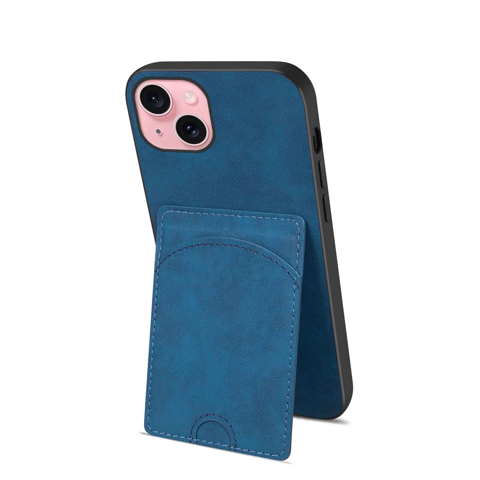 For iPhone 15 Kickstand Case PU+PC+TPU Phone Cover with Card Holder