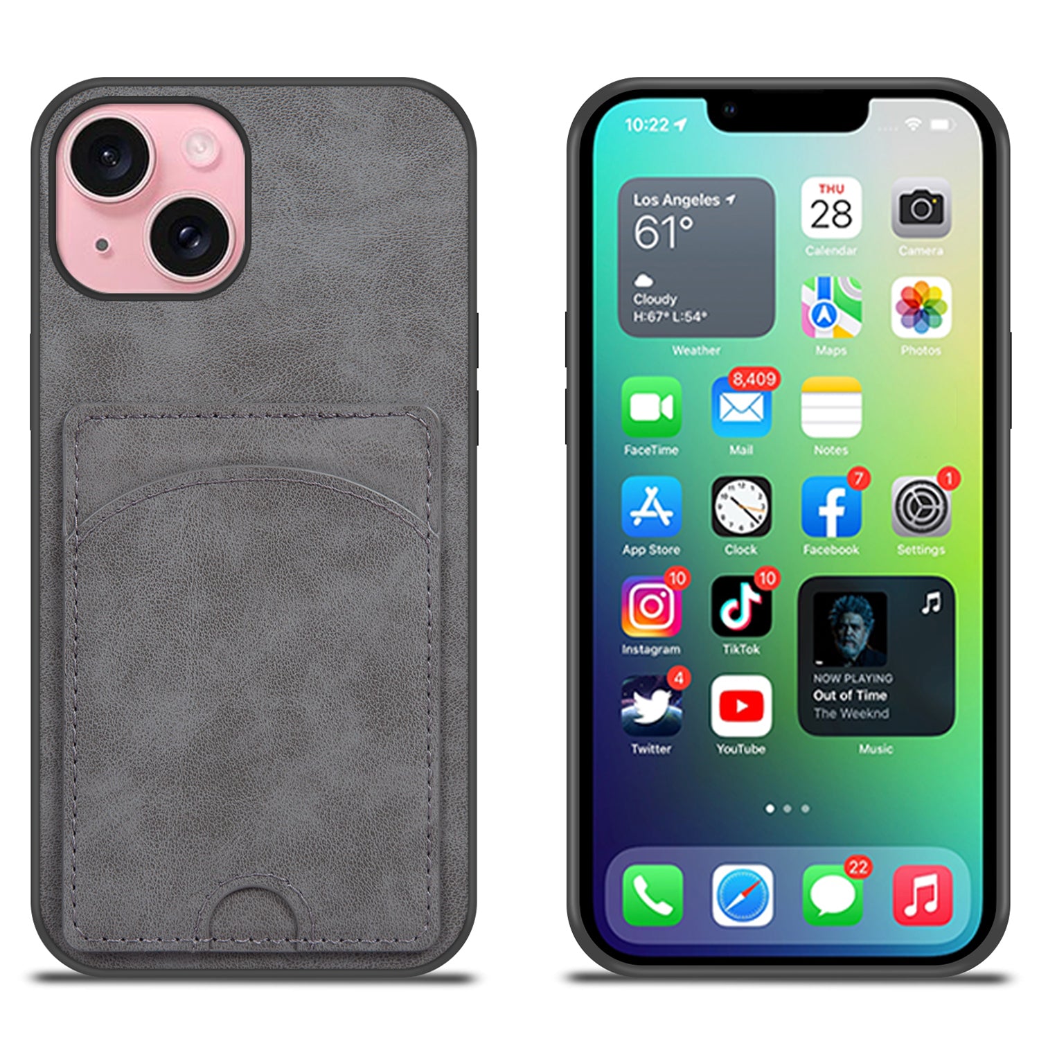 For iPhone 15 Kickstand Case PU+PC+TPU Phone Cover with Card Holder