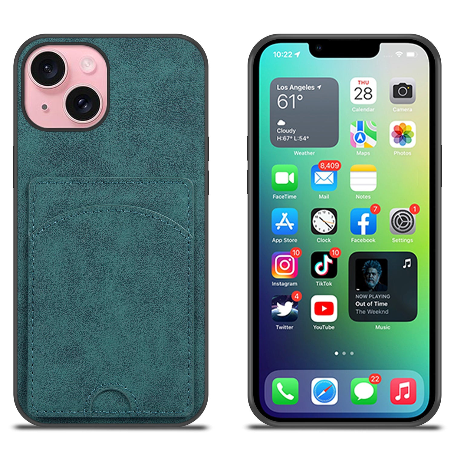 For iPhone 15 Kickstand Case PU+PC+TPU Phone Cover with Card Holder
