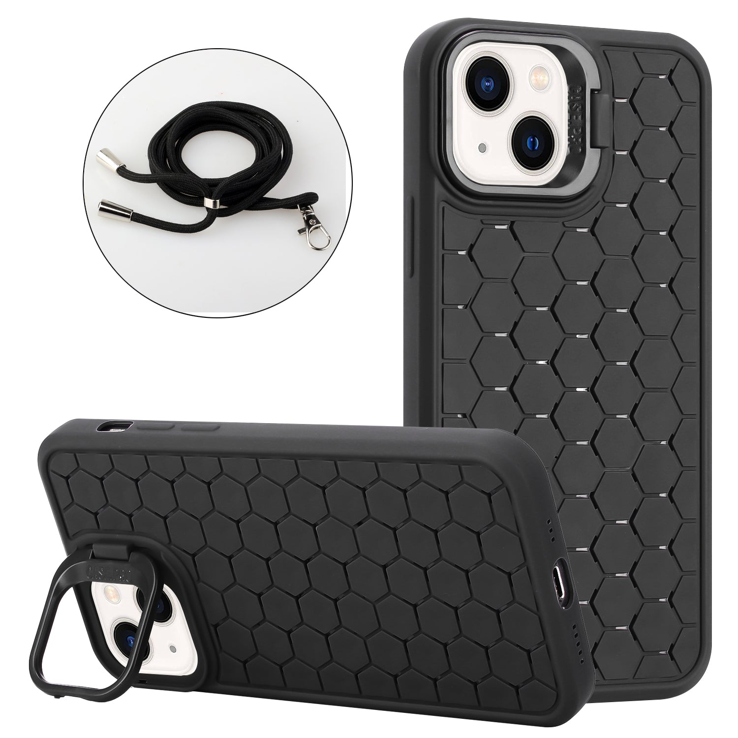 For iPhone 15 Plus TPU Case Kickstand Heat Dissipation Breathing Phone Cover with Lanyard