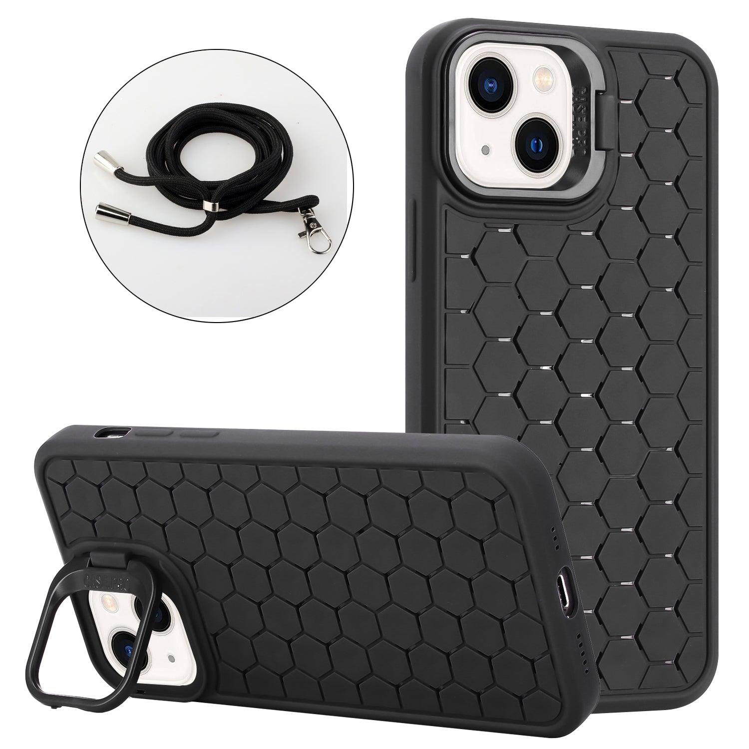For iPhone 15 Crossbody Lanyard Case Kickstand TPU Phone Cover Heat Dissipation