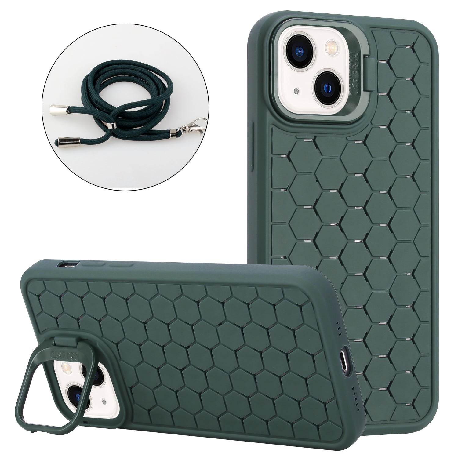 For iPhone 15 Crossbody Lanyard Case Kickstand TPU Phone Cover Heat Dissipation