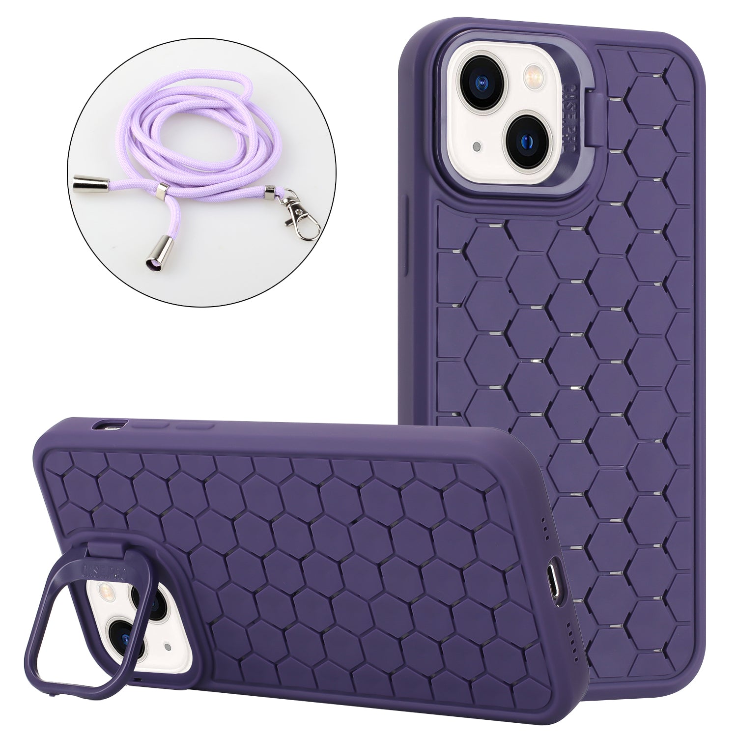 For iPhone 15 Crossbody Lanyard Case Kickstand TPU Phone Cover Heat Dissipation